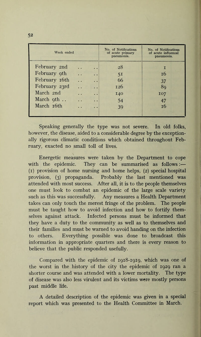Week ended No. of Notifications of acute primary pneumonia. No. of Notifications of acute influenzal pneumonia. February 2nd 28 I February 9th 51 l6 February 16th 66 37 February 23rd 126 89 March 2nd 140 107 March 9th .. 54 47 March 16th 39 16 Speaking generally the type was not severe. In old folks, however, the disease, aided to a considerable degree by the exception¬ ally rigorous climatic conditions which obtained throughout Feb¬ ruary, exacted no small toll of lives. Energetic measures were taken by the Department to cope with the epidemic. They can be summarised as follows:— (i) provision of home nursing and home helps, (2) special hospital provision, (3) propaganda. Probably the last mentioned was attended with most success. After all, it is to the people themselves one must look to combat an epidemic of the large scale variety such as this was successfully. Any measures a Health Department takes can only touch the merest fringe of the problem. The people must be taught how to avoid infection and how to fortify them¬ selves against attack. Infected persons must be informed that they have a duty to the community as well as to themselves and their families and must be warned to avoid handing on the infection to others. Everything possible was done to broadcast this information in appropriate quarters and there is every reason to believe that the public responded usefully. Compared with the epidemic of 1918-1919, which was one of the worst in the history of the city the epidemic of 1929 ran a shorter course and was attended with a lower mortality. The type of disease was also less virulent and its victims were mostly persons past middle life. A detailed description of the epidemic was given in a special report which was presented to the Health Committee in March.