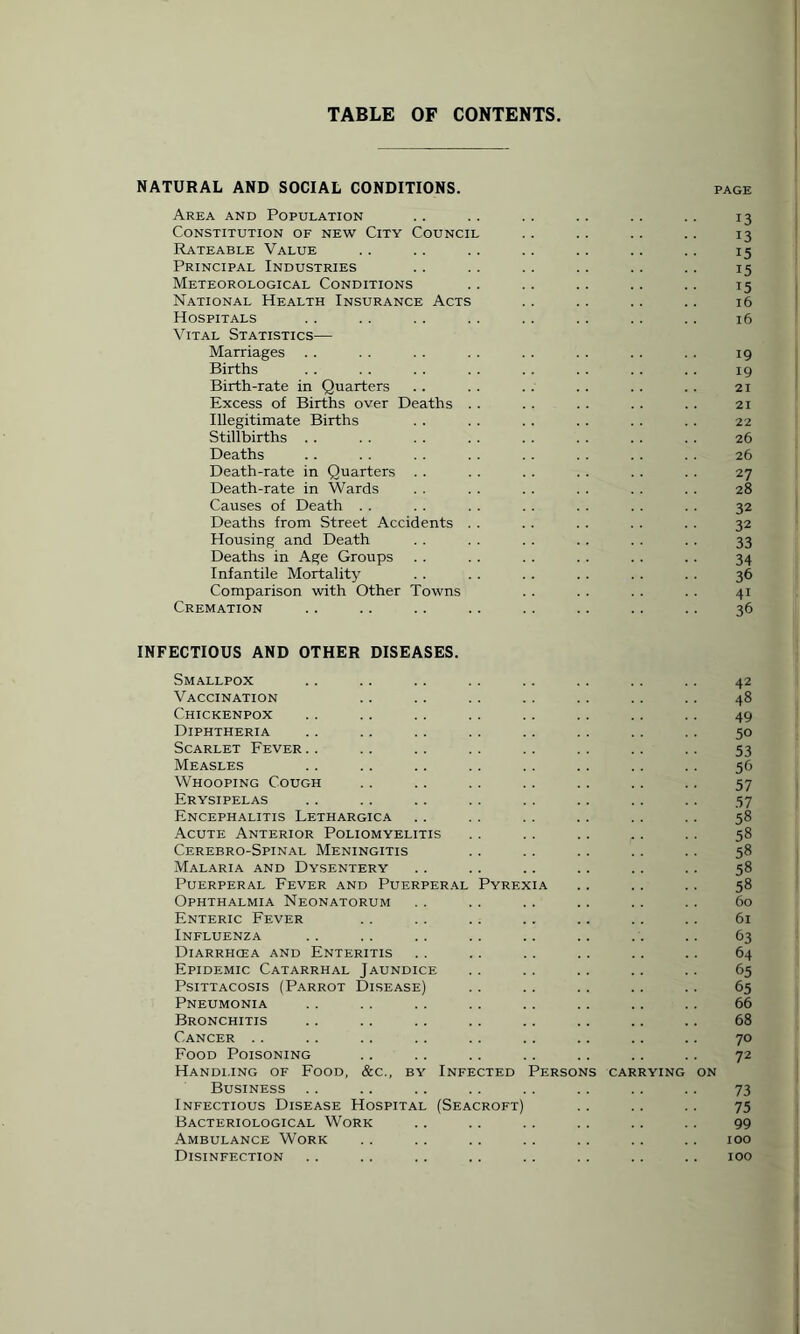 TABLE OF CONTENTS NATURAL AND SOCIAL CONDITIONS. Area and Population . . . . . . .. .. .. 13 Constitution of new City Council .. .. .. .. 13 Rateable Value .. . . .. .. .. .. .. 15 Principal Industries . . . . .. .. .. .. 15 Meteorological Conditions . . .. .. .. .. 15 National Health Insurance Acts . . .. .. .. 16 Hospitals . . . . . . .. .. .. .. . . 16 Vital Statistics— Marriages . . . . . . . . . . . . . . . . 19 Births . . . . . . . . . . . . . . . . 19 Birth-rate in Quarters . . . . . . . . .. . . 21 Excess of Births over Deaths . . . . . . . . . . 21 Illegitimate Births . . . . . . . . . . . . 22 Stillbirths . . . . . . . . . . . . . . . . 26 Deaths . . . . . . .. . . . . .. .. 26 Death-rate in Quarters . . . . . . . . . . . . 27 Death-rate in Wards . . . . . . . . . . . . 28 Causes of Death . . . . . . . . . . . . . . 32 Deaths from Street Accidents . . . . . . . . . . 32 Housing and Death . . . . . . . . . . . . 33 Deaths in Age Groups . . . . . . .. .. .. 34 Infantile Mortality . . . . . . . . .. .. 36 Comparison with Other Towns . . . . . . . . 41 Cremation . . . . .. .. .. .. .. .. 36 INFECTIOUS AND OTHER DISEASES. Smallpox . . . . . . .. .. . . . . .. 42 Vaccination .. .. . . .. .. .. .. 48 Chickenpox .. .. . . . . . . . . . . . . 49 Diphtheria .. . . .. .. .. .. .. . . 50 Scarlet Fever.. . . .. . . .. . . .. . . 53 Measles .. . . .. .. . . .. .. . . 56 Whooping Cough .. .. . . .. .. .. . . 57 Erysipelas . . . . .. . . . . . . .. .. 57 Encephalitis Lethargica . . . . . . .. . . .. 58 Acute Anterior Poliomyelitis . . . . .. .. .. 58 Cerebro-Spinal Meningitis . . .. .. .. . . 58 Malaria and Dysentery . . .. .. .. .. .. 58 Puerperal Fever and Puerperal Pyrexia .. .. .. 58 Ophthalmia Neonatorum . . . . .. .. .. .. 60 Enteric Fever . . . . .. .. .. .. .. 61 Influenza .. .. .. .. .. .. .. .. 63 Diarrhcea and Enteritis . . . . . . . . . . . . 64 Epidemic Catarrhal Jaundice .. .. .. .. .. 65 Psittacosis (Parrot Disease) .. .. .. .. . . 65 Pneumonia . . .. . . .. .. .. .. .. 66 Bronchitis .. .. .. .. .. .. .. .. 68 Cancer . . .. .. .. .. .. .. .. .. 70 Food Poisoning .. .. .. .. .. .. .. 72 Handling of Food, &c., by Infected Persons carrying on Business . . .. .. .. .. .. .. .. 73 Infectious Disease Hospital (Seacroft) . . . . . . 75 Bacteriological Work .. .. . . . . .. . . 99 Ambulance Work .. .. .. .. .. .. .. 100 Disinfection .. .. .. .. .. .. .. .. 100