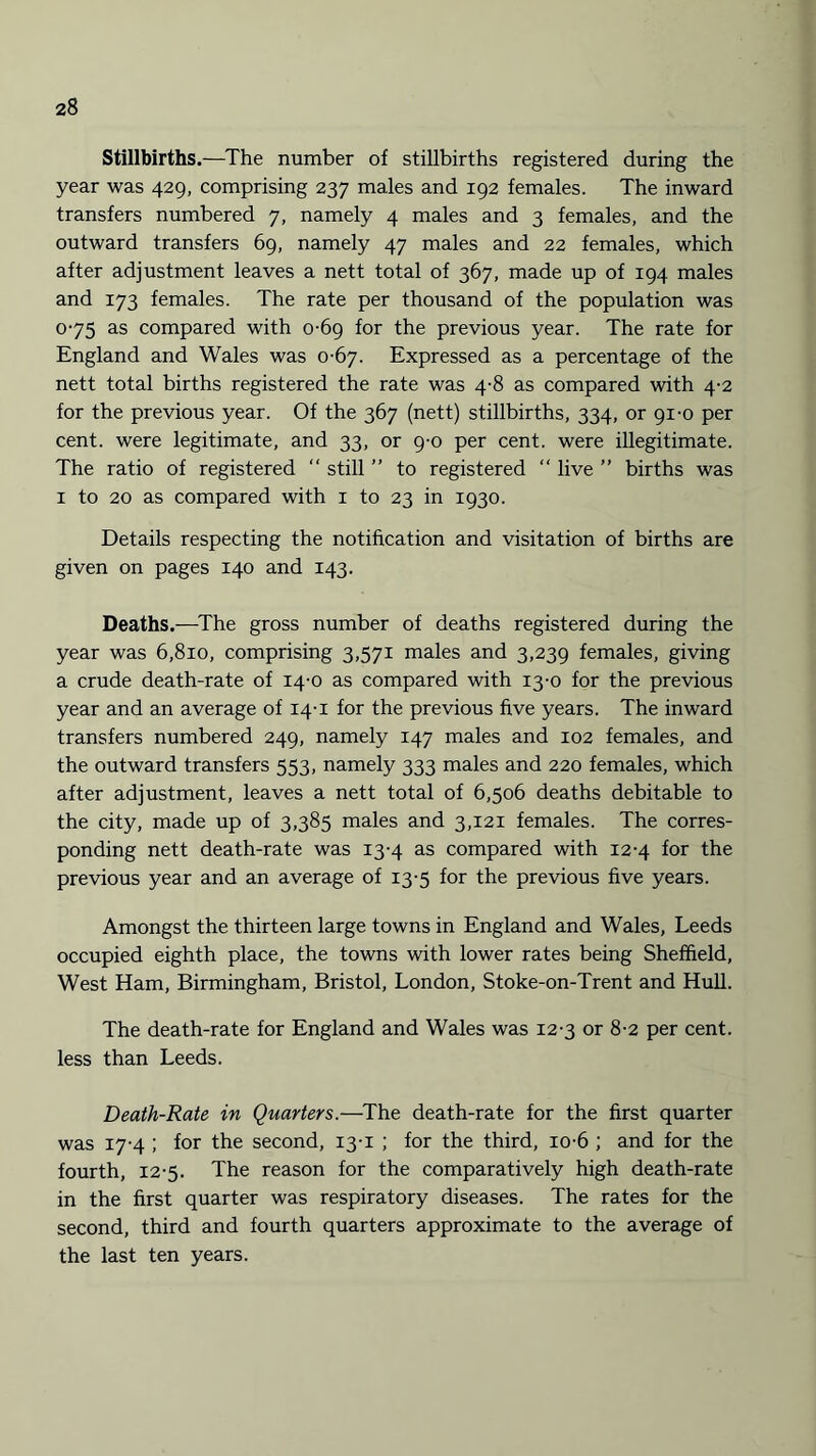 Stillbirths.—The number of stillbirths registered during the year was 429, comprising 237 males and 192 females. The inward transfers numbered 7, namely 4 males and 3 females, and the outward transfers 69, namely 47 males and 22 females, which after adjustment leaves a nett total of 367, made up of 194 males and 173 females. The rate per thousand of the population was 075 as compared with 0-69 for the previous year. The rate for England and Wales was 0-67. Expressed as a percentage of the nett total births registered the rate was 4-8 as compared with 4-2 for the previous year. Of the 367 (nett) stillbirths, 334, or 91-0 per cent, were legitimate, and 33, or 9-0 per cent, were illegitimate. The ratio of registered “ still ” to registered “ live ” births was 1 to 20 as compared with 1 to 23 in 1930. Details respecting the notification and visitation of births are given on pages 140 and 143. Deaths.—The gross number of deaths registered during the year was 6,810, comprising 3,571 males and 3,239 females, giving a crude death-rate of 14-0 as compared with 13-0 for the previous year and an average of 14-1 for the previous five years. The inward transfers numbered 249, namely 147 males and 102 females, and the outward transfers 553, namely 333 males and 220 females, which after adjustment, leaves a nett total of 6,506 deaths debitable to the city, made up of 3,385 males and 3,121 females. The corres¬ ponding nett death-rate was 13-4 as compared with 12-4 for the previous year and an average of 13-5 for the previous five years. Amongst the thirteen large towns in England and Wales, Leeds occupied eighth place, the towns with lower rates being Sheffield, West Ham, Birmingham, Bristol, London, Stoke-on-Trent and Hull. The death-rate for England and Wales was 12-3 or 8-2 per cent, less than Leeds. Death-Rate in Quarters.—The death-rate for the first quarter was 17-4 ; for the second, 13-1 ; for the third, io-6 ; and for the fourth, 12-5. The reason for the comparatively high death-rate in the first quarter was respiratory diseases. The rates for the second, third and fourth quarters approximate to the average of the last ten years.