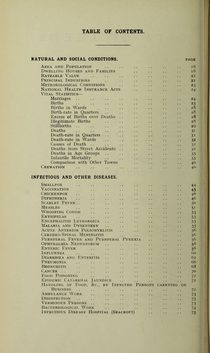 TABLE OF CONTENTS NATURAL AND SOCIAL CONDITIONS. PAGE Area and Population .. .. .. .. .. .. 16 Dwelling Houses and Families .. .. .. .. 18 Rateable Value . . . . .. .. .. .. .. 22 Principal Industries . . .. .. .. .. .. 22 Meteorological Conditions .. .. .. . . .. 23 National Health Insurance Acts .. . . .. .. 24 Vital Statistics— Marriages . . . . .. . . . . . . .. . . 24 Births . . .. . . . . .. .. . . . . 25 Births in Wards ... . . . . .. . . . . 28 Birth-rate in Quarters . . . . . . . . . . . . 28 Excess of Births over Deaths . . . . . . . . . . 28 Illegitimate Births . . . . . . . . . . . . 28 Stillbirths . . . . . . . . . . . . . . . . 29 Deaths . . . . .. . . . . . . . . . . 31 Death-rate in Quarters . . . . . . . . . . . . 31 Death-rate in Wards . . ... . . . . . . . . 32 Causes of Death . . . . . . . . .. . . . . 32 Deaths from Street Accidents . . . . .. . . . . 32 Deaths in Age Groups . . . . . . . . . . . . 35 Infantile Mortality . . . . . . . . . . . . 35 Comparison with Other Towns . . . . . . . . 40 Cremation .. .. .. . . . . . . . . . . 40 INFECTIOUS AND OTHER DISEASES. Smallpox . . . . .. .. .. .. .. .. 44 Vaccination .. . . . . . . . . . . .. 45 Chickenpox .. . . .. . . .. .. .. .. 46 Diphtheria . . . . .. .. . . .. .. .. 46 Scarlet Fever.. . . .. .. . . .. .. .. 50 Measles . . . . . . . . . . .. . . . . 51 Whooping Cough . . .. . . .. .. .. .. 53 Erysipelas . . . . . . . . .. .. .. .. 53 Encephalitis Lethargica . . . . . . .. . . . . 53 Malaria and Dysentery . . . . . . . . . . .. 55 Acute Anterior Poliomyelitis . . . . . . .. .. 56 Cerebro-Spinal Meningitis . . . . . . . . .. 56 Puerperal Fever and Puerperal Pyrexia .. . . .. 56 Ophthalmia Neonatorum .. . . . . .. .. .. 58 Enteric Fever . . .. .. . . .. . . . . 58 Influenza .. . . .. .. .. .. .. .. 60 Diarrhcea and Enteritis . . .. .. .. .. .. 62 Pneumonia .. .. . . .. .. .. .. .. 66 Bronchitis . . . . . . .. .. .. .. .. 68 Cancer . . . . . . . . . . . . .. .. .. 70 Food Poisoning .. .. .. .. .. .. .. 72 Epidemic Catarrhal Jaundice .. .. .. .. .. 72 Handling of Food, &c., by Infected Persons carrying on Business . . .. .. .. .. .. .. .. 72 Ambulance Work . . .. .. .. .. .. .. 73 Disinfection . . .. .. .. .. . . .. .. 73 Verminous Persons .. .. .. .. . . .. .. 73 Bacteriological Work . . . . .. . . .. . . 74 Infectious Disease Hospital (Seacroft) .. .. .. 75