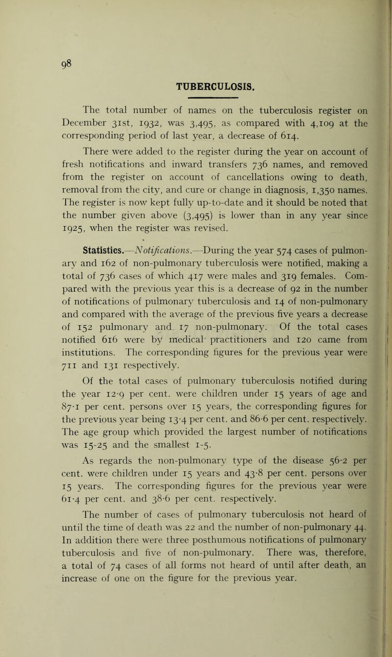 TUBERCULOSIS. The total number of names on the tuberculosis register on December 31st, 1932, was 3,495, as compared with 4,109 at the corresponding period of last year, a decrease of 614. There were added to the register during the year on account of fresh notifications and inward transfers 736 names, and removed from the register on account of cancellations owing to death, removal from the city, and cure or change in diagnosis, 1,350 names. The register is now kept fully up-to-date and it should be noted that the number given above (3,495) is lower than in any year since 1925, when the register was revised. Statistics.—Notifications.—During the year 574 cases of pulmon¬ ary and 162 of non-pulmonary tuberculosis were notified, making a total of 736 cases of which 417 were males and 319 females. Com¬ pared with the previous year this is a decrease of 92 in the number of notifications of pulmonary tuberculosis and 14 of non-pulmonarv and compared with the average of the previous five years a decrease of 152 pulmonary and 17 non-pulmonary. Of the total cases notified 616 were by medical' practitioners and 120 came from institutions. The corresponding figures for the previous year were 711 and 131 respectively. Of the total cases of pulmonary tuberculosis notified during the year 12-9 per cent, were children under 15 years of age and 87-1 per cent, persons over 15 years, the corresponding figures for the previous year being 13-4 per cent, and 86-6 per cent, respectively. The age group which provided the largest number of notifications was 15-25 and the smallest 1-5. As regards the non-pulmonary type of the disease 56-2 per cent, were children under 15 years and 43-8 per cent, persons over 15 years. The corresponding figures for the previous year were 61 -4 per cent, and 38-6 per cent, respectively. The number of cases of pulmonary tuberculosis not heard of until the time of death was 22 and the number of non-pulmonary 44. In addition there were three posthumous notifications of pulmonary tuberculosis and five of non-pulmonary. There was, therefore, a total of 74 cases of all forms not heard of until after death, an increase of one on the figure for the previous year.