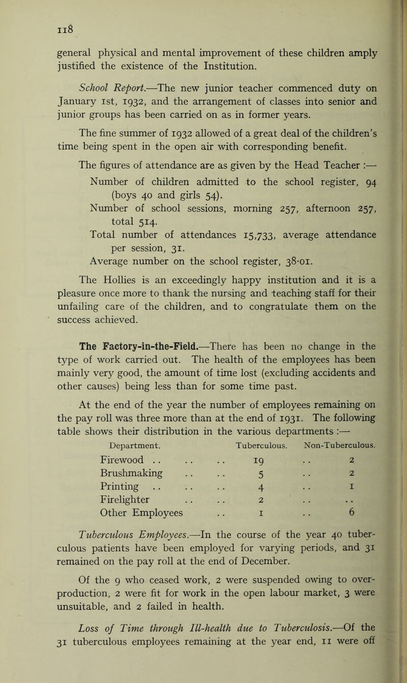 general physical and mental improvement of these children amply justified the existence of the Institution. School Report.—The new junior teacher commenced duty on January ist, 1932, and the arrangement of classes into senior and junior groups has been carried on as in former years. The fine summer of 1932 allowed of a great deal of the children’s time being spent in the open air with corresponding benefit. The figures of attendance are as given by the Head Teacher :— Number of children admitted to the school register, 94 (boys 40 and girls 54). Number of school sessions, morning 257, afternoon 257, total 514. Total number of attendances 15,733, average attendance per session, 31. Average number on the school register, 38-01. The Hollies is an exceedingly happy institution and it is a pleasure once more to thank the nursing and teaching staff for their unfailing care of the children, and to congratulate them on the success achieved. The Factory-in-the-Field.—There has been no change in the type of work carried out. The health of the employees has been mainly very good, the amount of time lost (excluding accidents and other causes) being less than for some time past. At the end of the year the number of employees remaining on the pay roll was three more than at the end of 1931. The following table shows their distribution in the various departments :— Department. Tuberculous. Non-Tuberculous. Firewood 19 2 Brushmaking 5 2 Printing 4 1 Firelighter 2 Other Employees 1 6 Tuberculous Employees.—In the course of the year 40 tuber¬ culous patients have been employed for varying periods, and 31 remained on the pay roll at the end of December. Of the 9 who ceased work, 2 were suspended owing to over¬ production, 2 were fit for work in the open labour market, 3 were unsuitable, and 2 failed in health. Loss of Time through Ill-health due to Tuberculosis.—Of the 31 tuberculous employees remaining at the year end, n were off