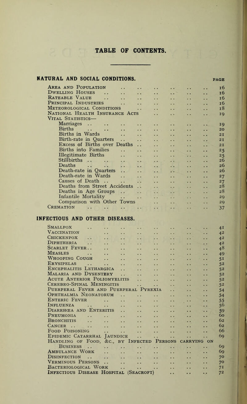 TABLE OF CONTENTS NATURAL AND SOCIAL CONDITIONS. PAGE Area and Population .. .. .. .. .. .. 16 Dwelling Houses .. .. .. .. .. .. .. 16 Rateable Value .. .. .. .. .. .. .. 16 Principal Industries .. .. .. .. .. .. 16 Meteorological Conditions .. .. .. .. .. 18 National Health Insurance Acts .. .. .. .. 19 Vital Statistics— Marriages .. .. .. .. .. .. .. .. 19 Births .. .. .. .. .. .. .. .. 20 Births in Wards .. .. .. .. .. .. 21 Birth-rate in Quarters . . .. .. . . . . .. 21 Excess of Births over Deaths .. .. .. .. .. 21 Births into Families . . .. .. .. . . .. 25 Illegitimate Births .. .. . . . . . . . . 25 Stillbirths . . .. .. .. . . . . . . .. 26 Deaths .. .. .. .. .. .. .. .. 26 Death-rate in Quarters .. .. .. .. .. .. 26 Death-rate in Wards .. .. .. .. .. .. 27 Causes of Death .. .. .. .. .. .. .. 27 Deaths from Street Accidents .. . . .. .. .. 28 Deaths in Age Groups . . .. . . . . . . . . 28 Infantile Mortality .. . . . . . . . . . . 29 Comparison with Other Towns . . .. . . . . 29 Cremation .. .. .. .. .. .. .. .. 37 INFECTIOUS AND OTHER DISEASES. Smallpox .. .. .. .. .. .. .. .. 41 Vaccination .. .. .. .. .. .. .. 42 Chickenpox .. .. .. .. .. .. .. .. 42 Diphtheria .. .. .. .. .. .. .. .. 42 Scarlet Fever.. .. .. .. .. .. .. .. 48 Measles .. .. .. .. .. .. .. .. 49 Whooping Cough .. .. .. .. .. .. .. 51 Erysipelas .. .. .. .. .. .. .. .. 52 Encephalitis Lethargica .. .. .. .. .. .. 52 Malaria and Dysentery .. .. .. .. .. .. 52 Acute Anterior Poliomyelitis .. .. .. .. .. 52 Cerebro-Spinal Meningitis .. .. .. .. .. 52 Puerperal Fever and Puerperal Pyrexia .. .. .. 54 Ophthalmia Neonatorum .. .. .. .. .. .. 54 Enteric Fever .. .. .. .. .. .. .. 55 Influenza .. .. .. .. .. .. .. .. 56 Diarrhcea and Enteritis .. .. .. .. .. .. 59 Pneumonia .. .. .. .. .. .. .. .. 60 Bronchitis .. .. .. .. .. .. .. .. 62 Cancer .. .. .. .. .. .. .. .. .. 62 Food Poisoning .. .. .. .. .. .. .. 66 Epidemic Catarrhal Jaundice .. .. .. .. .. 69 Handling of Food, &c., by Infected Persons carrying on Business .. .. .. .. .. .. .. .. 69 Ambulance Work .. .. .. .. .. .. .. 69 Disinfection .. .. .. .. .. .. .. .. 70 Verminous Persons .. .. .. .. .. .. .. 70 Bacteriological Work .. .. .. .. .. .. 71 Infectious Disease Hospital (Seacroft) .. .. .. 72
