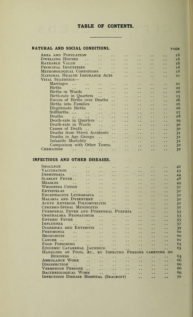 TABLE OF CONTENTS NATURAL AND SOCIAL CONDITIONS. PAGE Area and Population Dwelling Houses Rateable Value Principal Industries Meteorological Conditions National Health Insurance Acts Vital Statistics— Marriages Births Births in Wards Birth-rate in Quarters Excess of Births over Deaths Births into Families Illegitimate Births Stillbirths Deaths Death-rate in Quarters . . Death-rate in Wards Causes of Death Deaths from Street Accidents Deaths in Age Groups Infantile Mortality Comparison with Other Towns Cremation 18 18 18 18 18 21 21 22 26 23 26 26 26 27 28 29 30 30 31 3i 31 32 32 INFECTIOUS AND OTHER DISEASES. Smallpox .. .. .. . . .. .. .. .. 42 Vaccination .. .. .. . . .. .. .. 43 Diphtheria .. . . .. .. .. .. .. .. 44 Scarlet Fever.. .. .. .. .. .. .. .. 48 Measles .. .. .. .. .. .. .. .. 49 Whooping Cough . . . . .. .. .. .. .. 51 Erysipelas .. .. .. .. .. .. .. .. 52 Encephalitis Lethargica .. .. .. .. .. .. 52 Malaria and Dysentery .. .. .. .. .. .. 52 Acute Anterior Poliomyelitis . . . . .. .. .. 52 Cerebro-Spinal Meningitis .. .. .. .. .. 52 Puerperal Fever and Puerperal Pyrexia .. .. .. 53 Ophthalmia Neonatorum .. .. .. .. .. .. 53 Enteric Fever .. .. .. .. .. .. .. 55 Influenza .. .. .. .. .. .. .. .. 57 Diarrhoea and Enteritis .. .. .. .. .. .. 59 Pneumonia .. .. .. .. .. .. .. .. 60 Bronchitis .. .. .. .. .. .. .. .. 60 Cancer .. .. .. .. .. .. .. .. .. 61 Food Poisoning .. .. .. .. .. .. .. 65 Epidemic Catarrhal Jaundice .. .. .. .. .. 65 Handling of Food, &c., by Infected Persons carrying on Business .. .. .. .. .. .. .. .. 65 Ambulance Work .. .. .. .. .. .. .. 66 Disinfection .. .. .. .. .. .. .. .. 66 Verminous Persons .. .. .. .. .. .. .. 66 Bacteriological Work .. .. .. .. .. .. 69 Infectious Disease Hospital (Seacroft) .. .. .. 70