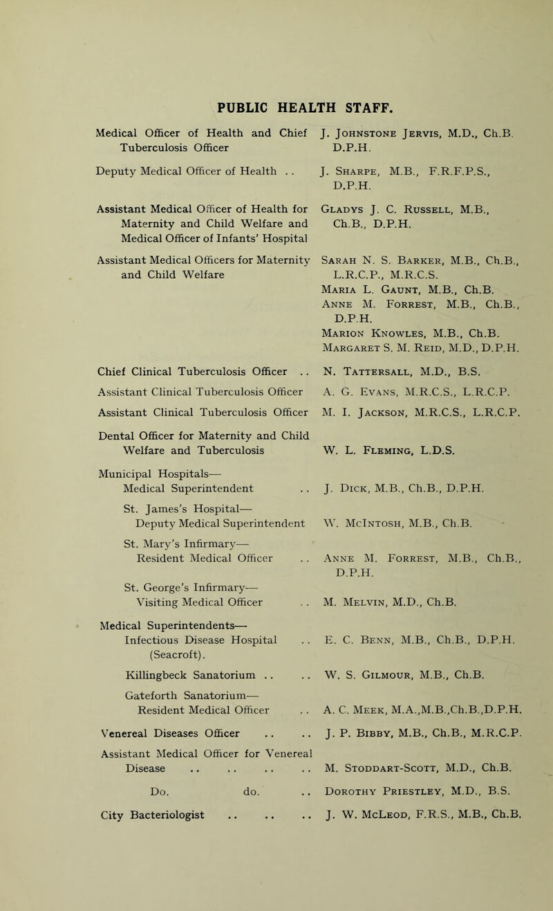 PUBLIC HEALTH STAFF, Medical Officer of Health and Chief Tuberculosis Officer Deputy Medical Officer of Health . . Assistant Medical Officer of Health for Maternity and Child Welfare and Medical Officer of Infants’ Hospital Assistant Medical Officers for Maternity and Child Welfare Chief Clinical Tuberculosis Officer .. Assistant Clinical Tuberculosis Officer Assistant Clinical Tuberculosis Officer Dental Officer for Maternity and Child Welfare and Tuberculosis Municipal Hospitals— Medical Superintendent St. James’s Hospital— Deputy Medical Superintendent St. Mary's Infirmary— Resident Medical Officer St. George’s Infirmary— Visiting Medical Officer Medical Superintendents— Infectious Disease Hospital (Seacroft). Killingbeck Sanatorium .. Gateforth Sanatorium— Resident Medical Officer Venereal Diseases Officer Assistant Medical Officer for Venereal Disease Do. do. City Bacteriologist J. Johnstone Jervis, M.D., Ch.B. D.P.H. J. Sharpe, M.B., F.R.F.P.S., D.P.H. Gladys J. C. Russell, M.B., Ch.B., D.P.H. Sarah N. S. Barker, M B., Ch.B., L.R.C.P., M.R.C.S. Maria L. Gaunt, M.B., Ch.B. Anne M. Forrest, M.B., Ch.B., D.P.H. Marion Knowles, M.B., Ch.B. Margaret S. M. Reid, M.D., D.P.H. N. Tattersall, M.D., B.S. A. G. Evans, M.R.C.S., L.R.C.P. M. I. Jackson, M.R.C.S., L.R.C.P. W. L. Fleming, L.D.S. J. Dick, M.B., Ch.B., D.P.H. W. McIntosh, M.B., Ch.B. Anne M. Forrest, M.B., Ch.B., D.P.H. M. Melvin, M.D., Ch.B. E. C. Benn, M.B., Ch.B., D.P.H. W. S. Gilmour, M.B., Ch.B. A. C. Meek, M.A.,M.B.,Ch.B.,D.P.H. J. P. Bibby, M.B., Ch.B., M.R.C.P. M. Stoddart-Scott, M.D., Ch.B. Dorothy Priestley, M.D., B.S. J. W. McLeod, F.R.S., M.B., Ch.B.