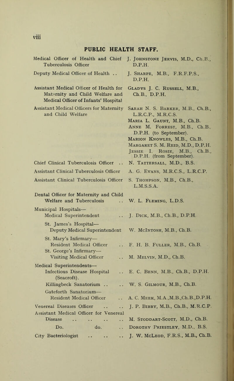 via PUBLIC HEALTH STAFF. Medical Officer of Health and Chief Tuberculosis Officer Deputy Medical Officer of Health .. Assistant Medical Officer of Health for Mat°rnity and Child Welfare and Medical Officer of Infants’ Hospital Assistant Medical Officers for Maternity and Child Welfare Chief Clinical Tuberculosis Officer .. Assistant Clinical Tuberculosis Officer Assistant Clinical Tuberculosis Officer Dental Officer for Maternity and Child Welfare and Tuberculosis Municipal Hospitals— Medical Superintendent St. James's Hospital— Deputy Medical Superintendent St. Mary’s Infirmary— Resident Medical Officer St. George’s Infirmary— Visiting Medical Officer Medical Superintendents— Infectious Disease Hospital (Seacroft). Killingbeck Sanatorium Gateforth Sanatorium— Resident Medical Officer Venereal Diseases Officer Assistant Medical Officer for Venereal Disease Do. do. City Bacteriologist J. Johnstone Jervis, M.D., Ch.B., D.P.H. J. Sharpe, M.B., F.R.F.P.S., D.P.H. Gladys J. C. Russell, M.B., Ch.B., D.P.H. Sarah N. S. Barker, M.B., Ch.B., L.R.C.P., M.R.C.S. Maria L. Gaunt, M.B., Ch.B. Anne M. Forrest, M.B., Ch.B., D.P.H. (to September). Marion Knowles, M.B., Ch.B. Margaret S. M. Reid, M.D., D.P.H. Jessie I. Rosie, M.B., Ch.B., D.P.H. (from September). N. Tattersall, M.D., B.S. A. G. Evans, M.R.C.S., L.R.C.P. S. Thompson, M.B., Ch.B., L.M.S.S.A. W. L. Fleming, L.D.S. J. Dick, M.B., Ch.B., D.P.H. W. McIntosh, M.B., Ch.B. F. H. B. Fuller, M.B., Ch.B. M. Melvin, M.D., Ch.B. E. C. Benn, M.B., Ch.B., D.P.H. W. S. Gilmour, M.B., Ch.B. A. C. Meek, M.A.,M.B.,Ch.B.,D.P.H. J. P. Bibby, M.B., Ch.B., M.R.C.P. M. Stoddart-Scott, M.D., Ch.B. Dorothy Priestley, M.D., B.S. J. W. McLeod, F.R.S., M.B., Ch.B.