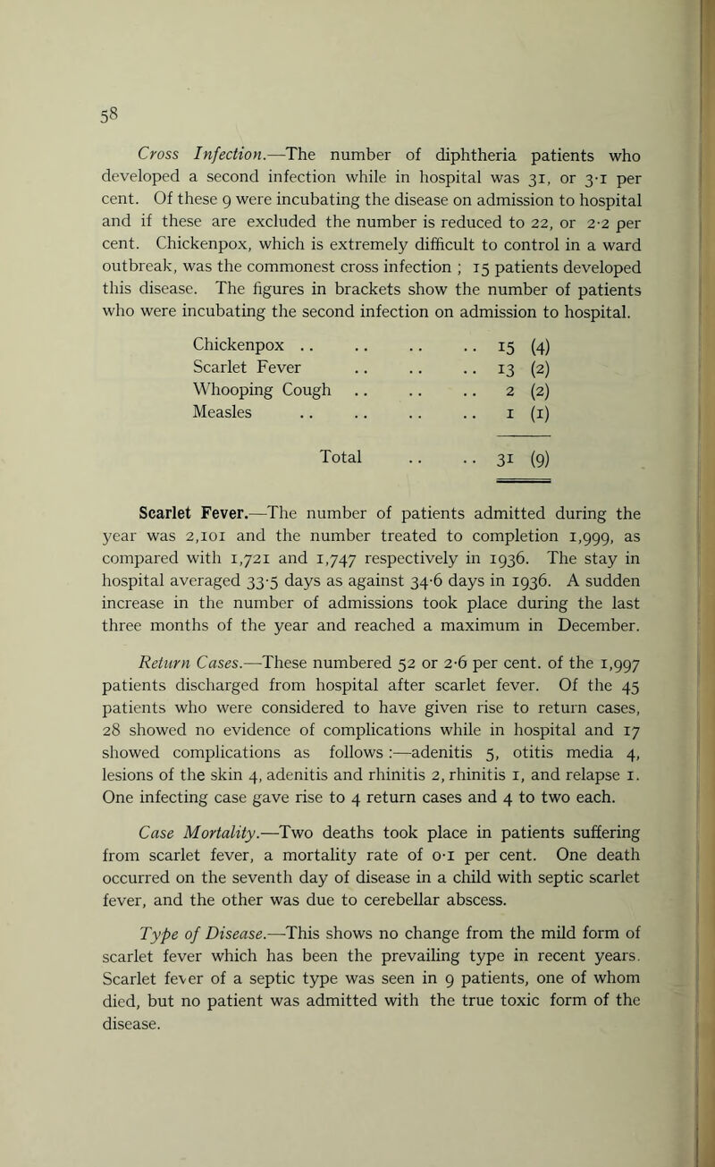 Cross Infection.—The number of diphtheria patients who developed a second infection while in hospital was 31, or 3-1 per cent. Of these 9 were incubating the disease on admission to hospital and if these are excluded the number is reduced to 22, or 2-2 per cent. Chickenpox, which is extremely difficult to control in a ward outbreak, was the commonest cross infection ; 15 patients developed this disease. The figures in brackets show the number of patients who were incubating the second infection on admission to hospital. Chickenpox .. 15 (4) Scarlet Fever .. 13 (2) Whooping Cough 2 (2) Measles 1 (1) Total .. .. 31 (9) Scarlet Fever.—The number of patients admitted during the year was 2,101 and the number treated to completion 1,999, as compared with 1,721 and 1,747 respectively in 1936. The stay in hospital averaged 33-5 days as against 34-6 days in 1936. A sudden increase in the number of admissions took place during the last three months of the year and reached a maximum in December. Return Cases.—These numbered 52 or 2-6 per cent, of the 1,997 patients discharged from hospital after scarlet fever. Of the 45 patients who were considered to have given rise to return cases, 28 showed no evidence of complications while in hospital and 17 showed complications as follows :—adenitis 5, otitis media 4, lesions of the skin 4, adenitis and rhinitis 2, rhinitis 1, and relapse 1. One infecting case gave rise to 4 return cases and 4 to two each. Case Mortality.—Two deaths took place in patients suffering from scarlet fever, a mortality rate of o-i per cent. One death occurred on the seventh day of disease in a child with septic scarlet fever, and the other was due to cerebellar abscess. Type of Disease.—This shows no change from the mild form of scarlet fever which has been the prevailing type in recent years. Scarlet fever of a septic type was seen in 9 patients, one of whom died, but no patient was admitted with the true toxic form of the disease.