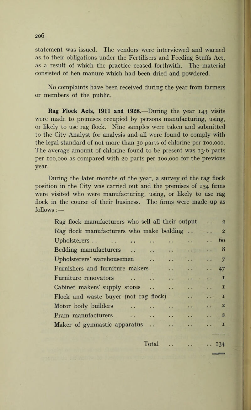 statement was issued. The vendors were interviewed and warned as to their obligations under the Fertilisers and Feeding Stuffs Act, as a result of which the practice ceased forthwith. The material consisted of hen manure which had been dried and powdered. No complaints have been received during the year from farmers or members of the public. Rag Flock Acts, 1911 and 1928.—During the year 143 visits were made to premises occupied by persons manufacturing, using, or likely to use rag flock. Nine samples were taken and submitted to the City Analyst for analysis and all were found to comply with the legal standard of not more than 30 parts of chlorine per 100,000. The average amount of chlorine found to be present was 13-6 parts per 100,000 as compared with 20 parts per 100,000 for the previous year. During the later months of the year, a survey of the rag flock position in the City was carried out and the premises of 134 firms were visited who were manufacturing, using, or likely to use rag flock in the course of their business. The firms were made up as follows :— Rag flock manufacturers who sell all their output .. 2 Rag flock manufacturers who make bedding .. .. 2 Upholsterers . . . . .. . . .. .. 60 Bedding manufacturers .. .. .. .. .. 8 Upholsterers’ warehousemen . . .. .. .. 7 Furnishers and furniture makers .. .. • • 47 Furniture renovators .. . . .. .. .. 1 Cabinet makers’ supply stores . . .. .. .. 1 Flock and waste buyer (not rag flock) .. .. 1 Motor body builders . . .. . . . . .. 2 Pram manufacturers . . .. .. .. • • 2 Maker of gymnastic apparatus .. .. .. .. 1