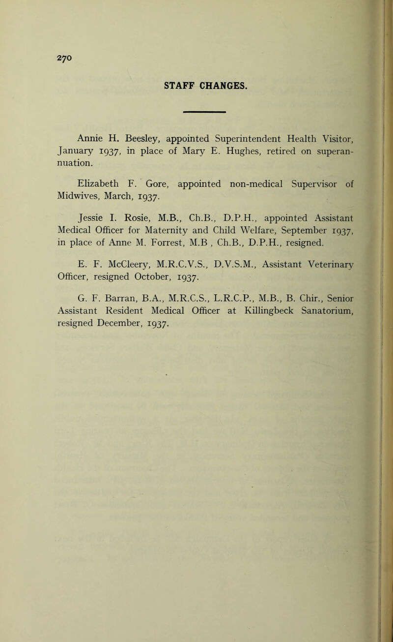 STAFF CHANGES. Annie H. Beesley, appointed Superintendent Health Visitor, January 1937, in place of Mary E. Hughes, retired on superan¬ nuation. Elizabeth F. Gore, appointed non-medical Supervisor of Midwives, March, 1937. Jessie I. Rosie, M.B., Ch.B., D.P.H., appointed Assistant Medical Officer for Maternity and Child Welfare, September 1937, in place of Anne M. Forrest, M.B , Ch.B., D.P.H., resigned. E. F. McCleery, M.R.C.V.S., D.V.S.M., Assistant Veterinary Officer, resigned October, 1937. G. F. Barran, B.A., M.R.C.S., L.R.C.P., M.B., B. Chir., Senior Assistant Resident Medical Officer at Killingbeck Sanatorium, resigned December, 1937.