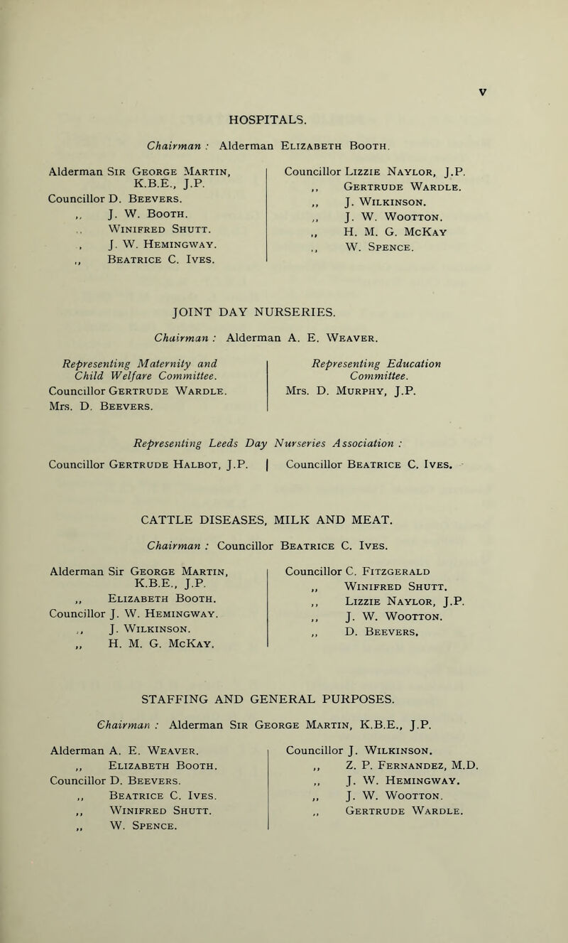 HOSPITALS. Alderman Elizabeth Booth Chairman : Alderman Sir George Martin, K.B.E., J.P. Councillor D. Beevers. ,, J. W. Booth. Winifred Shutt. , J. W. Hemingway. ,, Beatrice C. Ives. Councillor Lizzie Naylor, J.P. ,, Gertrude Wardle. ,, J. Wilkinson. ,, J. W. Wootton. „ H. M. G. McKay ,, W. Spence. JOINT DAY NURSERIES. Chairman : Alderman A. E. Weaver. Representing Maternity and Child Welfare Committee. Councillor Gertrude Wardle. Mrs. D. Beevers. Representing Education Committee. Mrs. D. Murphy, J.P. Representing Leeds Day Nurseries Association : Councillor Gertrude Halbot, J.P. | Councillor Beatrice C. Ives. CATTLE DISEASES, MILK AND MEAT. Chairman : Councillor Beatrice C. Ives. Alderman Sir George Martin, K.B.E., J.P. ,, Elizabeth Booth. Councillor J. W. Hemingway. ,, J. Wilkinson. „ H. M. G. McKay. Councillor C. Fitzgerald ,, Winifred Shutt. ,, Lizzie Naylor, J.P. ,, J. W. Wootton. ,, D. Beevers. STAFFING AND GENERAL PURPOSES. Chairman : Alderman Sir George Martin, K.B.E., J.P. Alderman A. E. Weaver, ,, Elizabeth Booth. Councillor D. Beevers. ,, Beatrice C. Ives. ,, Winifred Shutt. ,, W. Spence. Councillor J. Wilkinson. ,, Z. P. Fernandez, M.D. ,, J. W. Hemingway. ,, J. W. Wootton. ,, Gertrude Wardle.