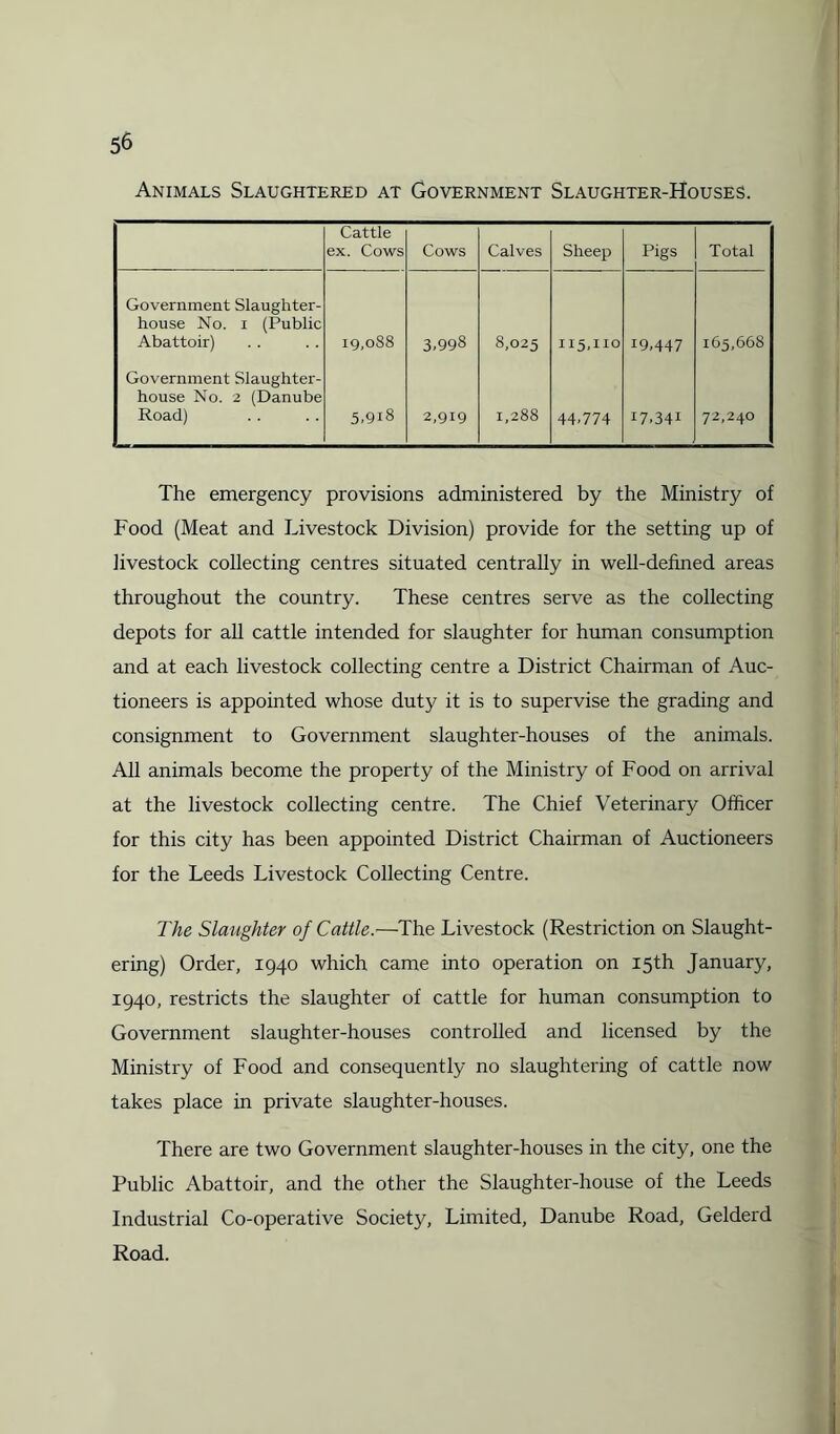 Animals Slaughtered at Government Slaughter-Houses. Cattle ex. Cows Cows Calves Sheep Pigs Total Government Slaughter¬ house No. 1 (Public Abattoir) 19,088 3,998 8,025 115,110 19,447 165,668 Government Slaughter¬ house No. 2 (Danube Road) 5,9i8 2,919 1,288 44,774 i7,34i 72,240 The emergency provisions administered by the Ministry of Food (Meat and Livestock Division) provide for the setting up of livestock collecting centres situated centrally in well-defined areas throughout the country. These centres serve as the collecting depots for all cattle intended for slaughter for human consumption and at each livestock collecting centre a District Chairman of Auc¬ tioneers is appointed whose duty it is to supervise the grading and consignment to Government slaughter-houses of the animals. All animals become the property of the Ministry of Food on arrival at the livestock collecting centre. The Chief Veterinary Officer for this city has been appointed District Chairman of Auctioneers for the Leeds Livestock Collecting Centre. The Slaughter of Cattle.-—The Livestock (Restriction on Slaught¬ ering) Order, 1940 which came into operation on 15th January, 1940, restricts the slaughter of cattle for human consumption to Government slaughter-houses controlled and licensed by the Ministry of Food and consequently no slaughtering of cattle now takes place in private slaughter-houses. There are two Government slaughter-houses in the city, one the Public Abattoir, and the other the Slaughter-house of the Leeds Industrial Co-operative Society, Limited, Danube Road, Gelderd Road.