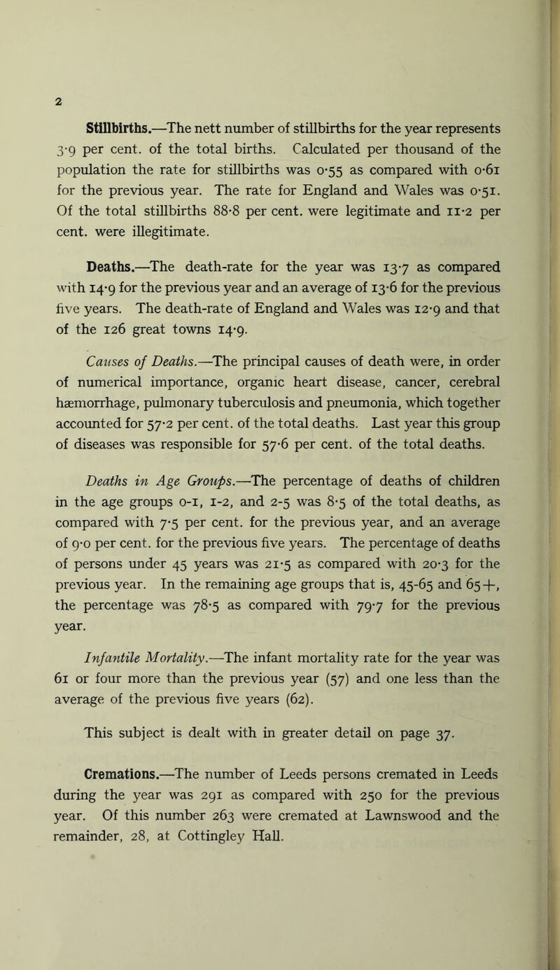 Stillbirths.—The nett number of stillbirths for the year represents 3-9 per cent, of the total births. Calculated per thousand of the population the rate for stillbirths was 0-55 as compared with o-6i for the previous year. The rate for England and Wales was 0-51. Of the total stillbirths 88-8 per cent, were legitimate and 11-2 per cent, were illegitimate. Deaths.—The death-rate for the year was 137 as compared with 14-9 for the previous year and an average of 13-6 for the previous five years. The death-rate of England and Wales was 12-9 and that of the 126 great towns 14-9. Causes of Deaths.—The principal causes of death were, in order of numerical importance, organic heart disease, cancer, cerebral haemorrhage, pulmonary tuberculosis and pneumonia, which together accounted for 57-2 per cent, of the total deaths. Last year this group of diseases was responsible for 57-6 per cent, of the total deaths. Deaths in Age Groups.—The percentage of deaths of children in the age groups 0-1, 1-2, and 2-5 was 8-5 of the total deaths, as compared with 7-5 per cent, for the previous year, and an average of 9-0 per cent, for the previous five years. The percentage of deaths of persons under 45 years was 21-5 as compared with 20-3 for the previous year. In the remaining age groups that is, 45-65 and 65+, the percentage was 78-5 as compared with 797 for the previous year. Infantile Mortality.—The infant mortality rate for the year was 61 or four more than the previous year (57) and one less than the average of the previous five years (62). This subject is dealt with in greater detail on page 37. Cremations.—The number of Leeds persons cremated in Leeds during the year was 291 as compared with 250 for the previous year. Of this number 263 were cremated at Lawnswood and the remainder, 28, at Cottingley Hall.