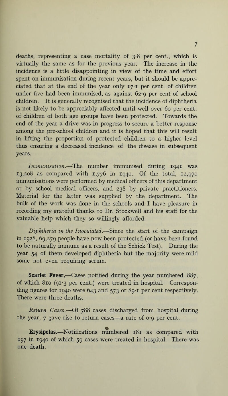 deaths, representing a case mortality of 3-8 per cent., which is virtually the same as for the previous year. The increase in the incidence is a little disappointing in view of the time and effort spent on immunisation during recent years, but it should be appre¬ ciated that at the end of the year only 17-1 per cent, of children under five had been immunised, as against 62-9 per cent of school children. It is generally recognised that the incidence of diphtheria is not likely to be appreciably affected until well over 60 per cent, of children of both age groups have been protected. Towards the end of the year a drive was in progress to secure a better response among the pre-school children and it is hoped that this will result in lifting the proportion of protected children to a higher level thus ensuring a decreased incidence of the disease in subsequent years. Immunisation.—The number immunised during 1941 was 13,208 as compared with 1,776 in 1940. Of the total, 12,970 immunisations were performed by medical officers of this department or by school medical officers, and 238 by private practitioners. Material for the latter was supplied by the department. The bulk of the work was done in the schools and I have pleasure in recording my grateful thanks to Dr. Stockwell and his staff for the valuable help which they so willingly afforded. Diphtheria in the Inoculated.—Since the start of the campaign in 1928, 69,279 people have now been protected (or have been found to be naturally immune as a result of the Schick Test). During the year 54 of them developed diphtheria but the majority were mild some not even requiring serum. Scarlet Fever.—Cases notified during the year numbered 887, of which 810 (91-3 per cent.) were treated in hospital. Correspon¬ ding figures for 1940 were 643 and 573 or 89-1 per cent respectively. There were three deaths. Return Cases.—Of 788 cases discharged from hospital during the year, 7 gave rise to return cases—a rate of 0-9 per cent. Erysipelas.—Notifications numbered 181 as compared with 197 in 1940 of which 59 cases were treated in hospital. There was one death.