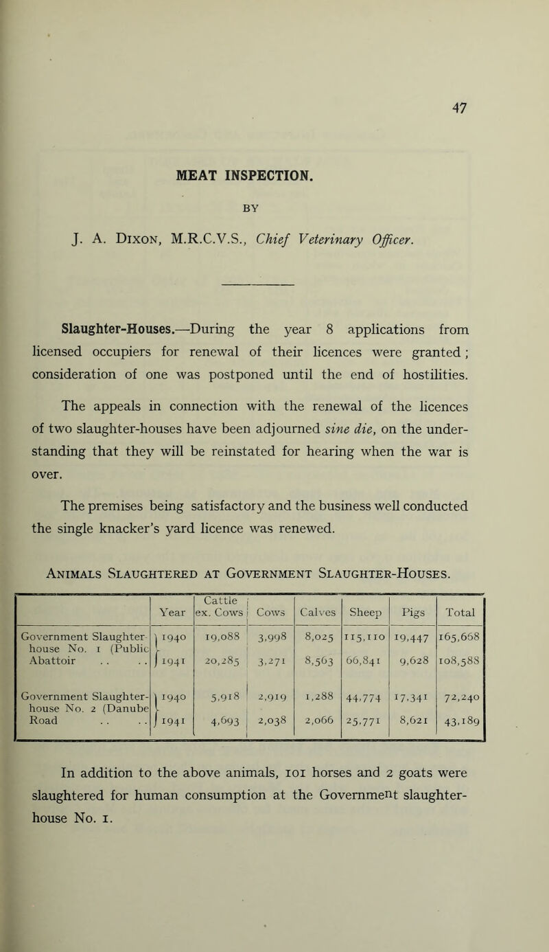 MEAT INSPECTION. BY J. A. Dixon, M.R.C.V.S., Chief Veterinary Officer. Slaughter-Houses.—During the year 8 applications from licensed occupiers for renewal of their licences were granted; consideration of one was postponed until the end of hostilities. The appeals in connection with the renewal of the licences of two slaughter-houses have been adjourned sine die, on the under¬ standing that they will be reinstated for hearing when the war is over. The premises being satisfactory and the business well conducted the single knacker’s yard licence was renewed. Animals Slaughtered at Government Slaughter-Houses. Year Cattle j ex. Cows i Cows Calves Sheep Pigs Total Government Slaughter 1 194° 19,088 ^ 3,998 8,025 1x5,110 19,447 165,668 house No. 1 (Public 1 f Abattoir j 1941 20,285 3.^7i 8,563 66,841 9,628 108,588 Government Slaughter- 1 194° 5.918! 2,919 1,288 44,774 i7,34i 72,240 house No. 2 (Danube \ Road J 1941 4.693 i 2,038 2,066 25.77i 8,621 43.189 In addition to the above animals, ioi horses and 2 goats were slaughtered for human consumption at the Government slaughter¬ house No. 1.