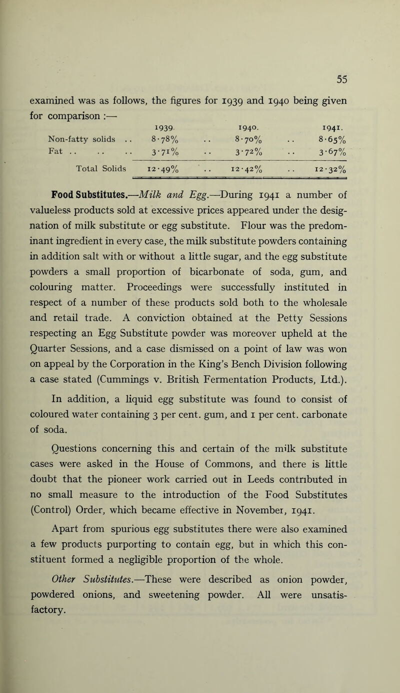 examined was as follows, the figures for 1939 and 1940 being given for comparison :— 1939 I94°- I941- Non-fatty solids .. 8-78% .. 8-70% .. 8-65% Fat. 3-7i% •• 3‘72% •• 3-67% Total Solids 12-49% .. 12-42% .. 12-32% Food Substitutes.—Milk and Egg.—During 1941 a number of valueless products sold at excessive prices appeared under the desig¬ nation of milk substitute or egg substitute. Flour was the predom¬ inant ingredient in every case, the milk substitute powders containing in addition salt with or without a little sugar, and the egg substitute powders a small proportion of bicarbonate of soda, gum, and colouring matter. Proceedings were successfully instituted in respect of a number of these products sold both to the wholesale and retail trade. A conviction obtained at the Petty Sessions respecting an Egg Substitute powder was moreover upheld at the Quarter Sessions, and a case dismissed on a point of law was won on appeal by the Corporation in the King’s Bench Division following a case stated (Cummings v. British Fermentation Products, Ltd.). In addition, a liquid egg substitute was found to consist of coloured water containing 3 per cent, gum, and 1 per cent, carbonate of soda. Questions concerning this and certain of the milk substitute cases were asked in the House of Commons, and there is little doubt that the pioneer work carried out in Leeds contributed in no small measure to the introduction of the Food Substitutes (Control) Order, which became effective in November, 1941. Apart from spurious egg substitutes there were also examined a few products purporting to contain egg, but in which this con¬ stituent formed a negligible proportion of the whole. Other Substitutes.—These were described as onion powder, powdered onions, and sweetening powder. All were unsatis¬ factory.