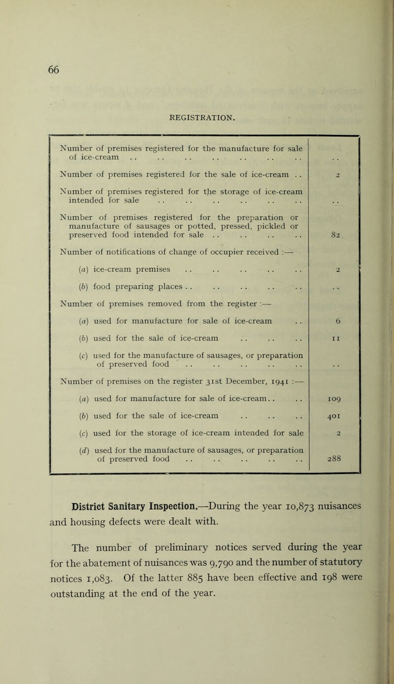 REGISTRATION. Number of premises registered for the manufacture for sale of ice-cream Number of premises registered for the sale of ice-cream . . 2 Number of premises registered for the storage of ice-cream intended for sale Number of premises registered for the preparation or manufacture of sausages or potted, pressed, pickled or preserved food intended for sale . . 82 Number of notifications of change of occupier received :— (a) ice-cream premises 2 (b) food preparing places .. Number of premises removed from the register :— (a) used for manufacture for sale of ice-cream 6 (b) used for the sale of ice-cream I I (c) used for the manufacture of sausages, or preparation of preserved food Number of premises on the register 31st December, 1941 :— (a) used for manufacture for sale of ice-cream. . 109 (b) used for the sale of ice-cream 401 (c) used for the storage of ice-cream intended for sale 2 (d) used for the manufacture of sausages, or preparation of preserved food 288 District Sanitary Inspection.—During the year 10,873 nuisances and housing defects were dealt with. The number of preliminary notices served during the year for the abatement of nuisances was 9,790 and the number of statutory notices 1,083. Of the latter 885 have been effective and 198 were outstanding at the end of the year.