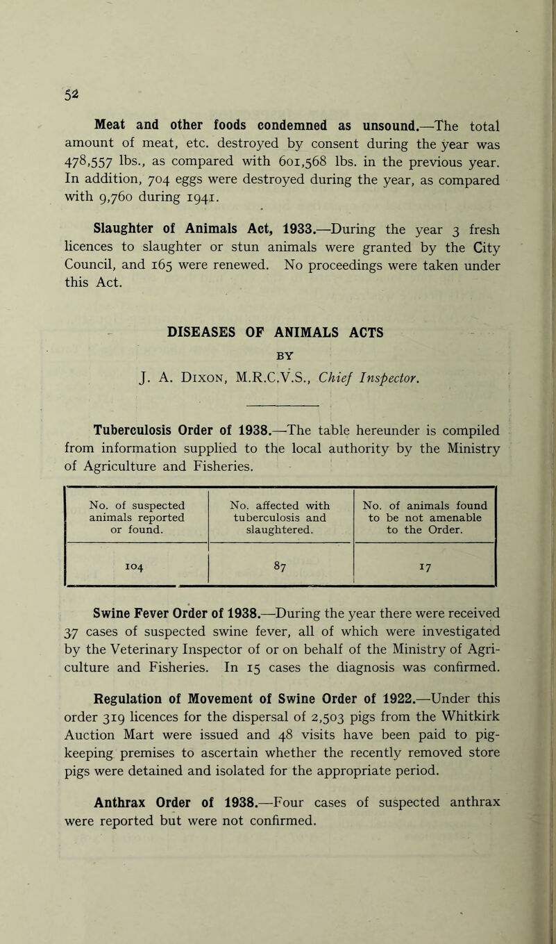 Meat and other foods condemned as unsound—The total amount of meat, etc. destroyed by consent during the year was 478,557 lbs., as compared with 601,568 lbs. in the previous year. In addition, 704 eggs were destroyed during the year, as compared with 9,760 during 1941. Slaughter of Animals Act, 1933—During the year 3 fresh licences to slaughter or stun animals were granted by the City Council, and 165 were renewed. No proceedings were taken under this Act. DISEASES OF ANIMALS ACTS BY J. A. Dixon, M.R.C.V.S., Chief Inspector. Tuberculosis Order of 1938.—The table hereunder is compiled from information supplied to the local authority by the Ministry of Agriculture and Fisheries. No. of suspected animals reported or found. No. affected with tuberculosis and slaughtered. No. of animals found to be not amenable to the Order. IO4 87 17 Swine Fever Order of 1938.—During the year there were received 37 cases of suspected swine fever, all of which were investigated by the Veterinary Inspector of or on behalf of the Ministry of Agri¬ culture and Fisheries. In 15 cases the diagnosis was confirmed. Regulation of Movement of Swine Order of 1922.—Under this order 319 licences for the dispersal of 2,503 pigs from the Whitkirk Auction Mart were issued and 48 visits have been paid to pig¬ keeping premises to ascertain whether the recently removed store pigs were detained and isolated for the appropriate period. Anthrax Order of 1938.—Four cases of suspected anthrax were reported but were not confirmed.