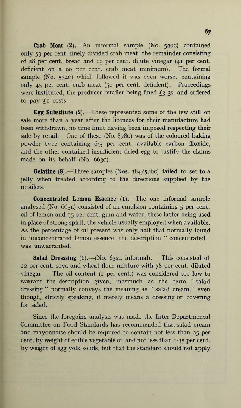 Crab Meat (2) .—An informal sample (No. 520c) contained only 53 per cent, finely divided crab meat, the remainder consisting of 28 per cent, bread and 19 per cent, dilute vinegar (41 per cent, deficient on a 90 per cent, crab meat minimum). The formal sample (No. 534c) which followed it was even worse, containing only 45 per cent, crab meat (50 per cent, deficient). Proceedings were instituted, the producer-retailer being fined £3 3s. and ordered to pay £1 costs. Egg Substitute (2).—These represented some of the few still on sale more than a year after the licences for their manufacture had been withdrawn, no time limit having been imposed respecting their sale by retail. One of these (No. 878c) was of the coloured baking powder type containing 6-5 per cent, available carbon dioxide, and the other contained insufficient dried egg to justify the claims made on its behalf (No. 663c). Gelatine (8).—Three samples (Nos. 384/5/6C) failed to set to a jelly when treated according to the directions supplied by the retailers. Concentrated Lemon Essence (1).—The one informal sample analysed (No. 663L) consisted of an emulsion containing 5 per cent, oil of lemon and 95 per cent, gum and water, these latter being used in place of strong spirit, the vehicle usually employed when available. As the percentage of oil present was only half that normally found in unconcentrated lemon essence, the description “ concentrated ” was unwarranted. Salad Dresssing (1).—(No. 632L informal). This consisted of 22 per cent, soya and wheat flour mixture with 78 per cent, diluted vinegar. The oil content (1 per cent.) was considered too low to warrant the description given, inasmuch as the term “ salad dressing ” normally conveys the meaning as “ salad cream,” even though, strictly speaking, it merely means a dressing or covering for salad. Since the foregoing analysis was made the Inter-Departmental Committee on Food Standards has recommended that salad cream and mayonnaise should be required to contain not less than 25 per cent, by weight of edible vegetable oil and not less than 1-35 per cent, by weight of egg yolk solids, but that the standard should not apply