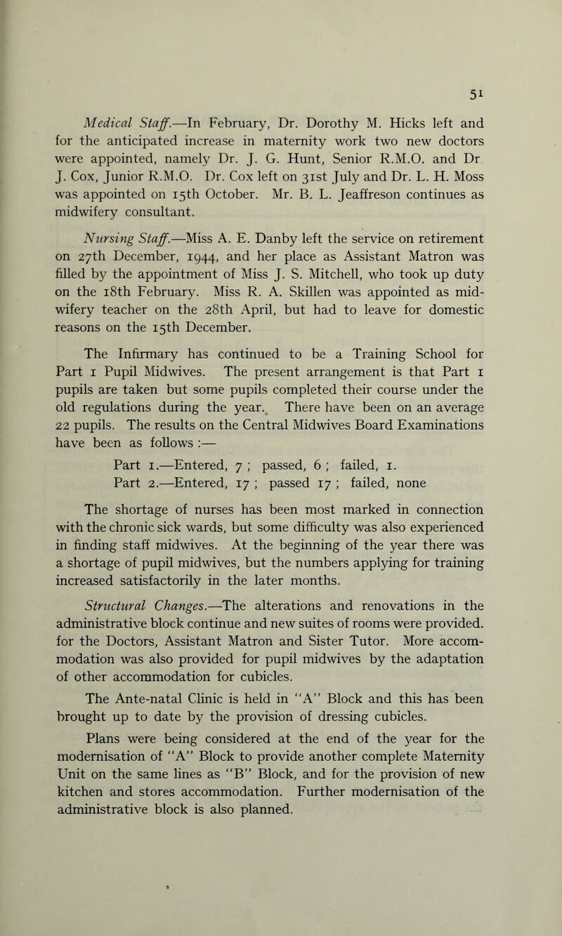 Medical Staff.—In February, Dr. Dorothy M. Hicks left and for the anticipated increase in maternity work two new doctors were appointed, namely Dr. J. G. Hunt, Senior R.M.O. and Dr J. Cox, Junior R.M.O. Dr. Cox left on 31st July and Dr. L. H. Moss was appointed on 15th October. Mr. B. L. Jeaffreson continues as midwifery consultant. Nursing Staff.—Miss A. E. Danby left the service on retirement on 27th December, 1944, and her place as Assistant Matron was filled by the appointment of Miss J. S. Mitchell, who took up duty on the 18th February. Miss R. A. Skillen was appointed as mid¬ wifery teacher on the 28th April, but had to leave for domestic reasons on the 15th December. The Infirmary has continued to be a Training School for Part 1 Pupil Midwives. The present arrangement is that Part 1 pupils are taken but some pupils completed their course under the old regulations during the year. There have been on an average 22 pupils. The results on the Central Midwives Board Examinations have been as follows :— Part 1.—Entered, 7 ; passed, 6 ; failed, 1. Part 2.—Entered, 17 ; passed 17 ; failed, none The shortage of nurses has been most marked in connection with the chronic sick wards, but some difficulty was also experienced in finding staff midwives. At the beginning of the year there was a shortage of pupil midwives, but the numbers applying for training increased satisfactorily in the later months. Structural Changes.—The alterations and renovations in the administrative block continue and new suites of rooms were provided, for the Doctors, Assistant Matron and Sister Tutor. More accom¬ modation was also provided for pupil midwives by the adaptation of other accommodation for cubicles. The Ante-natal Clinic is held in A” Block and this has been brought up to date by the provision of dressing cubicles. Plans were being considered at the end of the year for the modernisation of “A” Block to provide another complete Maternity Unit on the same lines as “B” Block, and for the provision of new kitchen and stores accommodation. Further modernisation of the administrative block is also planned.