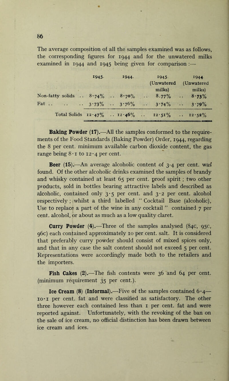 The average composition of all the samples examined was as follows, the corresponding figures for 1944 and for the unwatered milks examined in 1944 and 1945 being given for comparison 1945. 1944. 1945. 1944 (Unwatered (Unwatered milks) milks) Non-fatty solids .. 8-74% .. 8-70% .. 8.77% .. 8-73% Fat.3-73% 3-76% •• 3'74% •• 3'79% Total Solids 12-47% 12-46% .. 12-51% .. 12-52% Baking Powder (17).—All the samples conformed to the require¬ ments of the Food Standards (Baking Powder) Order, 1944, regarding the 8 per cent, minimum available carbon dioxide content, the gas range being 8 • 1 to 12-4 per cent. Beer (15).—An average alcoholic content of 3-4 per cent, was’ found. Of the other alcoholic drinks examined the samples of brandy and whisky contained at least 65 per cent, proof spirit ; two other products, sold in bottles bearing attractive labels and described as alcoholic, contained only 3-5 per cent, and 3-2 per cent, alcohol respectively ; whilst a third labelled “ Cocktail Base (alcoholic), Use to replace a part of the wine in any cocktail ” contained 7 per cent, alcohol, or about as much as a low quality claret. Curry Powder (4).—Three of the samples analysed (84c, 95c, 96c) each contained approximately 10 per cent. salt. It is considered that preferably curry powder should consist of mixed spices only, and that in any case the salt content should not exceed 5 per cent. Representations were accordingly made both to the retailers and the importers. Fish Cakes (2).—The fish contents were 36 and 64 per cent, (minimum requirement 35 per cent.). Ice Cream (8) (Informal).—Five of the samples contained 6-4— 10-i per cent, fat and were classified as satisfactory. The other three however each contained less than 1 per cent, fat and were reported against. Unfortunately, with the revoking of the ban on the sale of ice cream, no official distinction has been drawn between ice cream and ices.