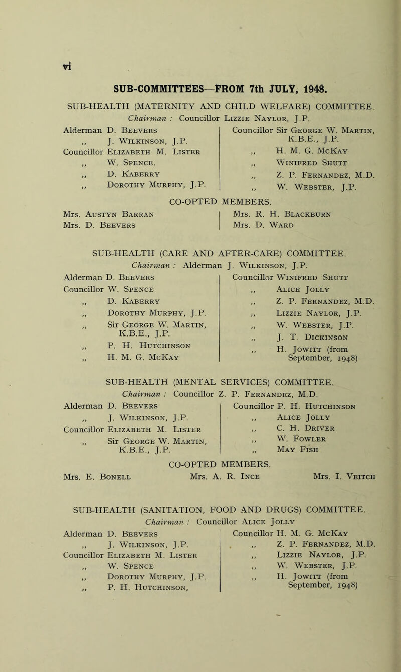 SUB-COMMITTEES—FROM 7th JULY, 194S. SUB-HEALTH (MATERNITY AND CHILD WELFARE) COMMITTEE Chairman : Councillor Lizzie Naylor. T.P. Alderman D. Beevers ,, J. Wilkinson, J.P. Councillor Elizabeth M. Lister ,, W. Spence. „ D. Kaberry „ Dorothy Murphy, J.P. Councillor Sir George W. Martin, K.B.E., J.P. H. M. G. McKay ,, Winifred Shutt ,, Z. P. Fernandez, M.D. „ W. Webster, J.P. CO-OPTED MEMBERS. Mrs. Austyn Barran I Mrs. R. H. Blackburn Mrs. D. Beevers j Mrs. D. Ward SUB-HEALTH (CARE AND AFTER-CARE) COMMITTEE. Chairman : Alderman I. Wilkinson. T.P. Alderman D. Beevers Councillor W. Spence ,, D. Kaberry ,, Dorothy Murphy, J.P. ,, Sir George W. Martin, K.B.E., J.P. ,, P. H. Hutchinson „ H. M. G. McKay Councillor Winifred Shutt ,, Alice Jolly ,, Z. P. Fernandez, M.D. ,, Lizzie Naylor, J.P. ,, W. Webster, J.P. ,, J. T. Dickinson ,, H. Jowitt (from September, 1948) SUB-HEALTH (MENTAL SERVICES) COMMITTEE. Chairman : Councillor Z. P. Fernandez, M.D. Alderman D. Beevers „ J. Wilkinson, J.P. Councillor Elizabeth M. Lister ,, Sir George W. Martin, K.B.E., J.P. CO-OPTED MEMBERS. Mrs. E. Bonell Mrs. A. R. Ince Mrs. I. Veitch Councillor P. H. Hutchinson ,, Alice Jolly ,, C. H. Driver „ W. Fowler „ May Fish SUB-HEALTH (SANITATION, FOOD AND DRUGS) COMMITTEE. Chairman : Councillor Alice Jolly Alderman D. Beevers „ J. Wilkinson, J.P. Councillor Elizabeth M. Lister ,, W. Spence „ Dorothy Murphy, J.P. ,, P. H. Hutchinson, Councillor H. M. G. McKay ,, Z. P. Fernandez, M.D ,, Lizzie Naylor, J.P. ,, W. Webster, J.P. ,, H. Jowitt (from September, 1948)