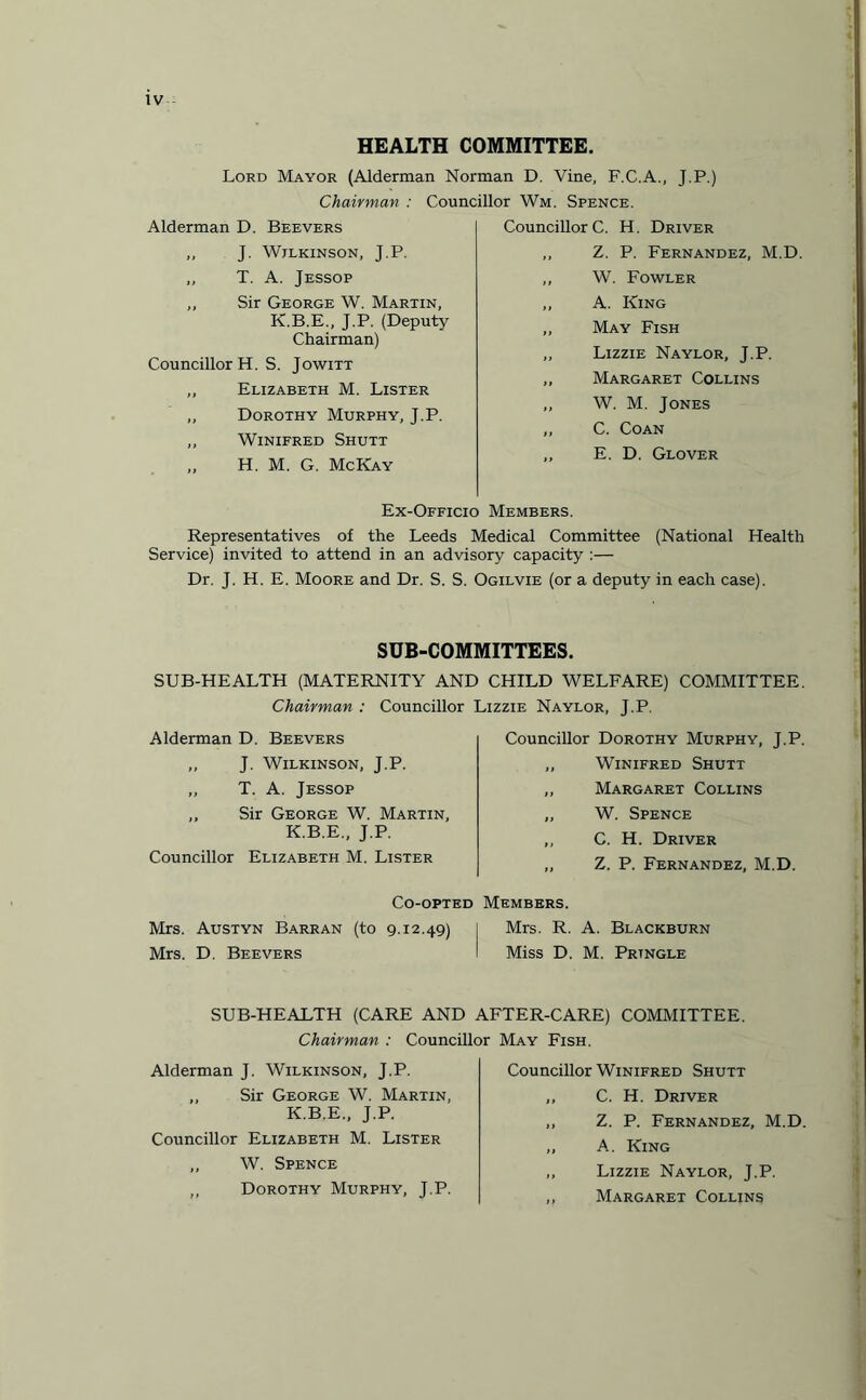 HEALTH COMMITTEE. Lord Mayor (Alderman Norman D. Vine, F.C.A., J.P.) Chairman : Councillor Wm. Spence. Alderman D. Beevers ,, J. Wilkinson, J.P. ,, T. A. Jessop ,, Sir George W. Martin, K.B.E., J.P. (Deputy Chairman) Councillor H. S. Jowitt ,, Elizabeth M. Lister „ Dorothy Murphy, J.P. ,, Winifred Shutt „ H. M. G. McKay Councillor C. H. Driver „ Z. P. Fernandez, M.D. „ W. Fowler „ A. King „ May Fish ,, Lizzie Naylor, J.P. ,, Margaret Collins „ W. M. Jones „ C. Coan „ E. D. Glover Ex-Officio Members. Representatives of the Leeds Medical Committee (National Health Service) invited to attend in an advisory capacity :— Dr. J. H. E. Moore and Dr. S. S. Ogilvie (or a deputy in each case). SUB-COMMITTEES. SUB-HEALTH (MATERNITY AND CHILD WELFARE) COMMITTEE Chairman : Councillor Lizzie Naylor. T.P. Alderman D. Beevers „ J. Wilkinson, J.P. ,, T. A. Jessop ,, Sir George W. Martin, K.B.E., J.P. Councillor Elizabeth M. Lister Councillor Dorothy Murphy, J.P. Winifred Shutt Margaret Collins W. Spence C. H. Driver Z. P. Fernandez, M.D. Co-opted Members. Mrs. Austyn Barr an (to 9.12.49) I Mrs. R. A. Blackburn Mrs. D. Beevers I Miss D. M. Pringle SUB-HEALTH (CARE AND AFTER-CARE) COMMITTEE. Chairman : Councillor May Fish. Alderman J. Wilkinson, J.P. „ Sir George W. Martin, K.B.E., J.P. Councillor Elizabeth M. Lister ,, W. Spence ,, Dorothy Murphy, J.P. Councillor Winifred Shutt „ C. H. Driver „ Z. P. Fernandez, M.D. „ A. King ,, Lizzie Naylor, J.P. „ Margaret Collins
