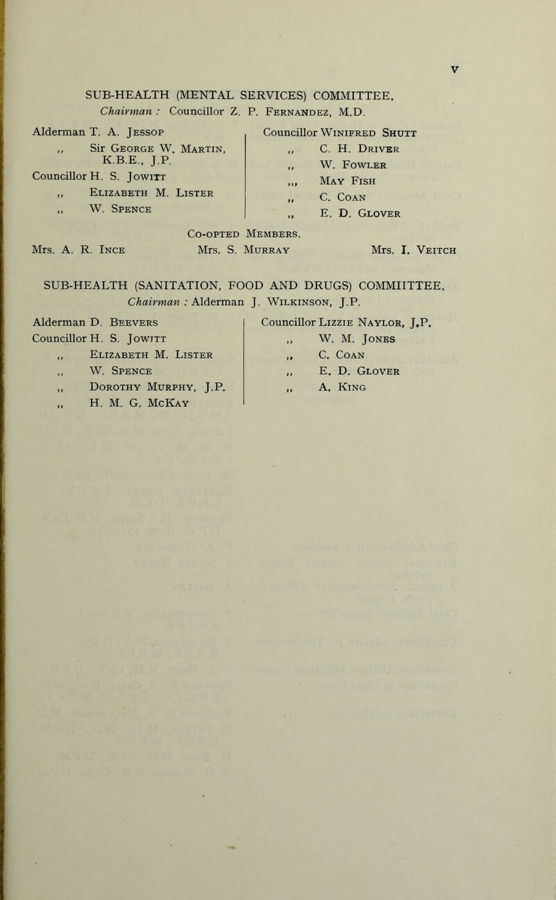 SUB-HEALTH (MENTAL SERVICES) COMMITTEE. Chairman : Councillor Alderman T. A. Jessop „ Sir George W. Martin, K.B.E., J.P. Councillor H. S. Jowitt „ Elizabeth M. Lister ,, W. Spence Z. P. Fernandez, M.D. Councillor Winifred Shutt „ C. H. Driver „ W. Fowler ,„ May Fish „ C. Coan „ E. D. Glover Co-opted Members. Mrs. A. R. Ince Mrs. S. Murray Mrs. I. Veitch SUB-HEALTH (SANITATION, FOOD AND DRUGS) COMMIITTEE, Chairman : Alderman J. Wilkinson, J.P. Alderman D. Beevers Councillor H. S. Jowitt „ Elizabeth M. Lister ,, W. Spence „ Dorothy Murphy, J.P. „ H. M. G. McKay Councillor Lizzie Naylor, J.P. ,, W. M. Jones „ C. Coan „ E. D. Glover „ A. King