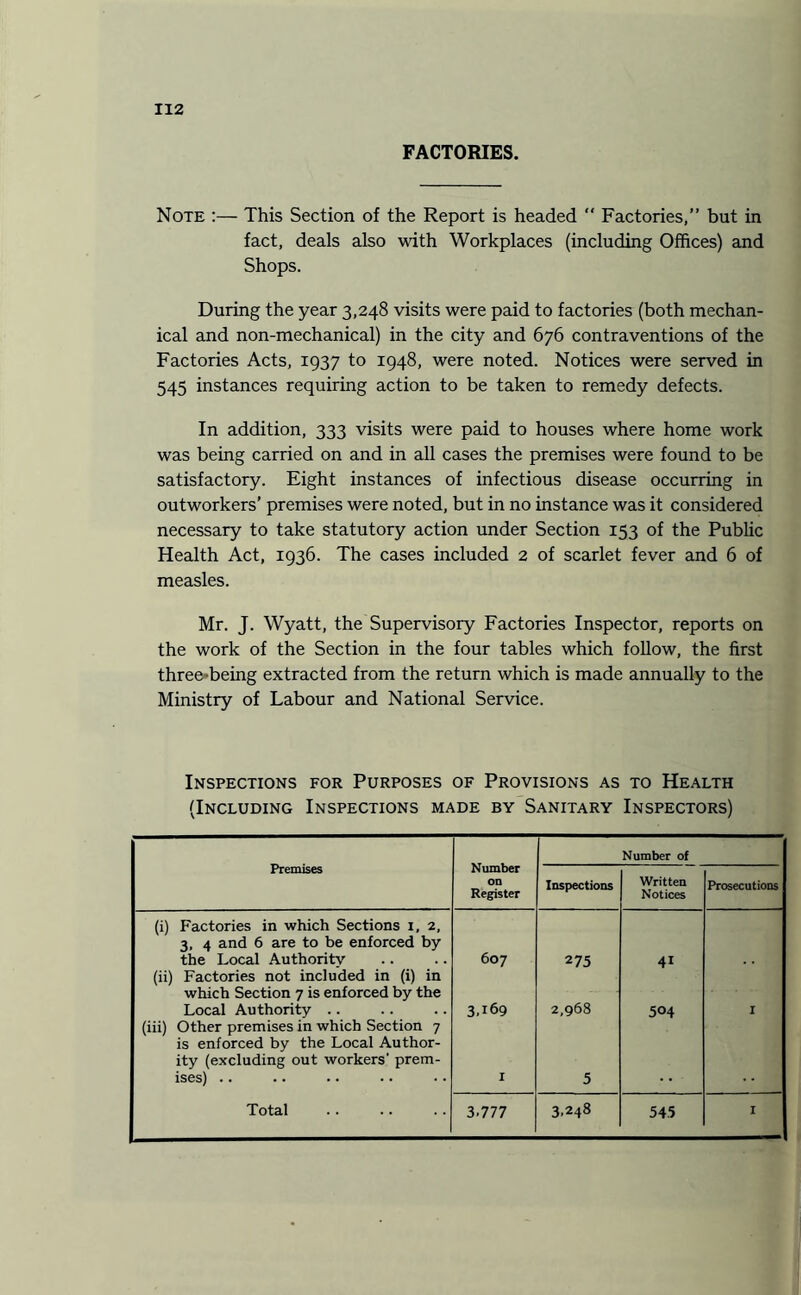 FACTORIES. Note :— This Section of the Report is headed “ Factories,” but in fact, deals also with Workplaces (including Offices) and Shops. During the year 3,248 visits were paid to factories (both mechan¬ ical and non-mechanical) in the city and 676 contraventions of the Factories Acts, 1937 to 1948, were noted. Notices were served in 545 instances requiring action to be taken to remedy defects. In addition, 333 visits were paid to houses where home work was being carried on and in all cases the premises were found to be satisfactory. Eight instances of infectious disease occurring in outworkers’ premises were noted, but in no instance was it considered necessary to take statutory action under Section 153 of the Public Health Act, 1936. The cases included 2 of scarlet fever and 6 of measles. Mr. J. Wyatt, the Supervisory Factories Inspector, reports on the work of the Section in the four tables which follow, the first three-being extracted from the return which is made annually to the Ministry of Labour and National Service. Inspections for Purposes of Provisions as to Health (Including Inspections made by Sanitary Inspectors) Premises Number on Register Number of Inspections Written Notices Prosecutions (i) Factories in which Sections 1, 2, 3, 4 and 6 are to be enforced by the Local Authority 607 275 41 (ii) Factories not included in (i) in which Section 7 is enforced by the Local Authority .. 3.169 2,968 504 I (iii) Other premises in which Section 7 is enforced by the Local Author¬ ity (excluding out workers' prem¬ ises) .. I 5 Total 3.777 3.248 545 I