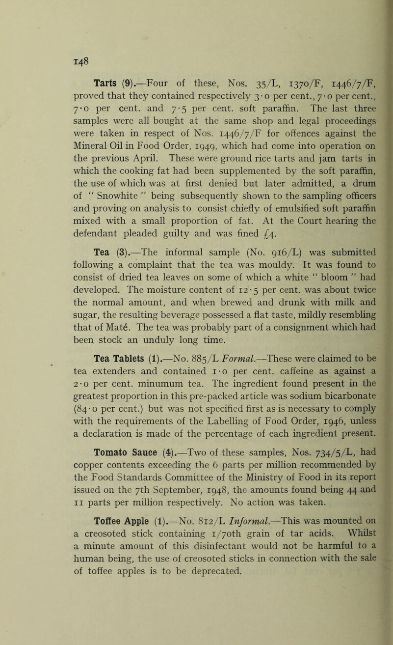 Tarts (9).—Four of these, Nos. 35 /L, 1370/F, 1446/7/F, proved that they contained respectively 3-0 per cent., 7-0 per cent., 7-0 per cent, and 7-5 per cent, soft paraffin. The last three samples were all bought at the same shop and legal proceedings were taken in respect of Nos. 1446/7/F for offences against the Mineral Oil in Food Order, 1949, which had come into operation on the previous April. These were ground rice tarts and jam tarts in which the cooking fat had been supplemented by the soft paraffin, the use of which was at first denied but later admitted, a drum of “ Snowhite ” being subsequently shown to the sampling officers and proving on analysis to consist chiefly of emulsified soft paraffin mixed with a small proportion of fat. At the Court hearing the defendant pleaded guilty and was fined £4. Tea (3).—The informal sample (No. 916/L) was submitted following a complaint that the tea was mouldy. It was found to consist of dried tea leaves on some of which a white “ bloom ” had developed. The moisture content of 12-5 per cent, was about twice the normal amount, and when brewed and drunk with milk and sugar, the resulting beverage possessed a flat taste, mildly resembling that of Mat4. The tea was probably part of a consignment which had been stock an unduly long time. Tea Tablets (1).—No. 885/L Formal.—These were claimed to be tea extenders and contained i-o per cent, caffeine as against a 2-0 per cent, minumum tea. The ingredient found present in the greatest proportion in this pre-packed article was sodium bicarbonate (84-0 per cent.) but was not specified first as is necessary to comply with the requirements of the Labelling of Food Order, 1946, unless a declaration is made of the percentage of each ingredient present. Tomato Sauce (4).—Two of these samples, Nos. 734/5/L, had copper contents exceeding the 6 parts per million recommended by the Food Standards Committee of the Ministry of Food in its report issued on the 7th September, 1948, the amounts found being 44 and 11 parts per million respectively. No action was taken. Toffee Apple (1).—No. 812/L Informal.—This was mounted on a creosoted stick containing i/7oth grain of tar acids. Whilst a minute amount of this disinfectant would not be harmful to a human being, the use of creosoted sticks in connection with the sale of toffee apples is to be deprecated.