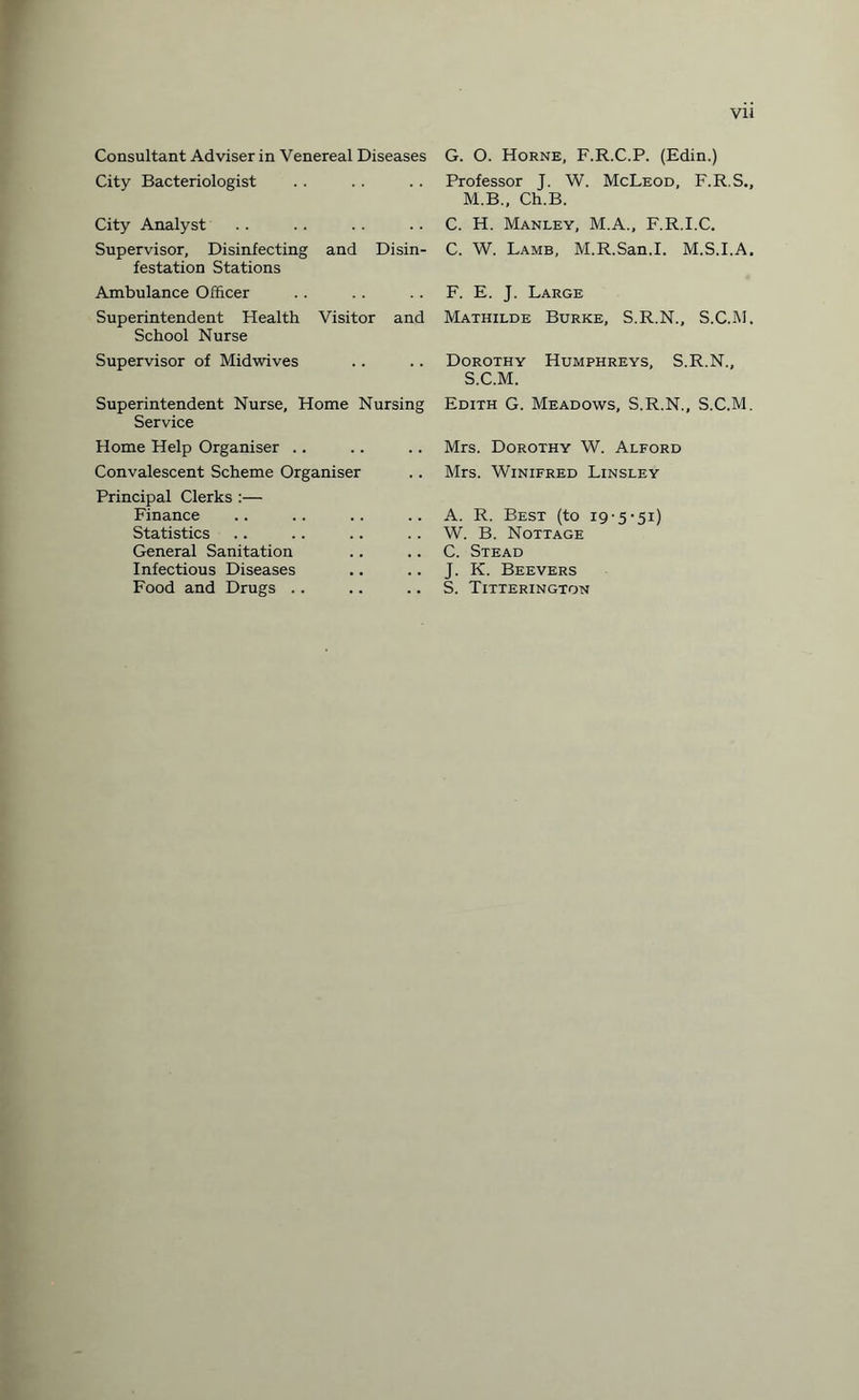 Vll Consultant Adviser in Venereal Diseases City Bacteriologist City Analyst Supervisor, Disinfecting and Disin¬ festation Stations Ambulance Officer Superintendent Health Visitor and School Nurse Supervisor of Midwives Superintendent Nurse, Home Nursing Service Home Help Organiser .. Convalescent Scheme Organiser Principal Clerks :— Finance Statistics General Sanitation Infectious Diseases Food and Drugs .. G. O. Horne, F.R.C.P. (Edin.) Professor J. W. McLeod, F.R.S., M.B., Ch.B. C. H. Manley, M.A., F.R.I.C. C. W. Lamb, M.R.San.I. M.S.I.A. F. E. J. Large Mathilde Burke, S.R.N., S.C.M. Dorothy Humphreys, S.R.N., S.C.M. Edith G. Meadows, S.R.N., S.C.M. Mrs. Dorothy W. Alford Mrs. Winifred Linsley A. R. Best (to i9-5‘5i) W. B. Nottage C. Stead J. K. Beevers S. Titterington