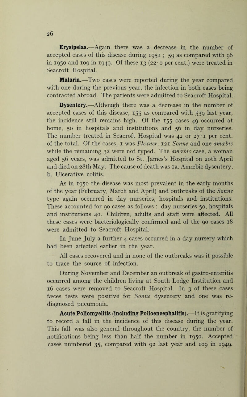 Erysipelas.—Again there was a decrease in the number of accepted cases of this disease during 1951 ; 59 as compared with 96 in 1950 and 109 in 1949. Of these 13 (22-0 per cent.) were treated in Seacroft Hospital. Malaria.—Two cases were reported during the year compared with one during the previous year, the infection in both cases being contracted abroad. The patients were admitted to Seacroft Hospital. Dysentery.—Although there was a decrease in the number of accepted cases of this disease, 155 as compared with 539 last year, the incidence still remains high. Of the 155 cases 49 occurred at home, 50 in hospitals and institutions and 56 in day nurseries. The number treated in Seacroft Hospital was 42 or 27-1 per cent, of the total. Of the cases, 1 was Flexner, 121 Sonne and one amoebic while the remaining 32 were not typed. The amoebic case, a woman aged 56 years, was admitted to St. James’s Hospital on 20th April and died on 28th May. The cause of death was ia. Amoebic dysentery, b. Ulcerative colitis. As in 1950 the disease was most prevalent in the early months of the year (February, March and April) and outbreaks of the Sonne type again occurred in day nurseries, hospitals and institutions. These accounted for 90 cases as follows : day nurseries 50, hospitals and institutions 40. Children, adults and staff were affected. All these cases were bacteriologically confirmed and of the 90 cases 18 were admitted to Seacroft Hospital. In June-July a further 4 cases occurred in a day nursery which had been affected earlier in the year. All cases recovered and in none of the outbreaks was it possible to trace the source of infection. During November and December an outbreak of gastro-enteritis occurred among the children living at South Lodge Institution and 16 cases were removed to Seacroft Hospital. In 3 of these cases faeces tests were positive for Sonne dysentery and one was re¬ diagnosed pneumonia. Acute Poliomyelitis (including Polioencephalitis).—It is gratifying to record a fall in the incidence of this disease during the year. This fall was also general throughout the country, the number of notifications being less than half the number in 1950. Accepted cases numbered 35, compared with 92 last year and 109 in 1949.