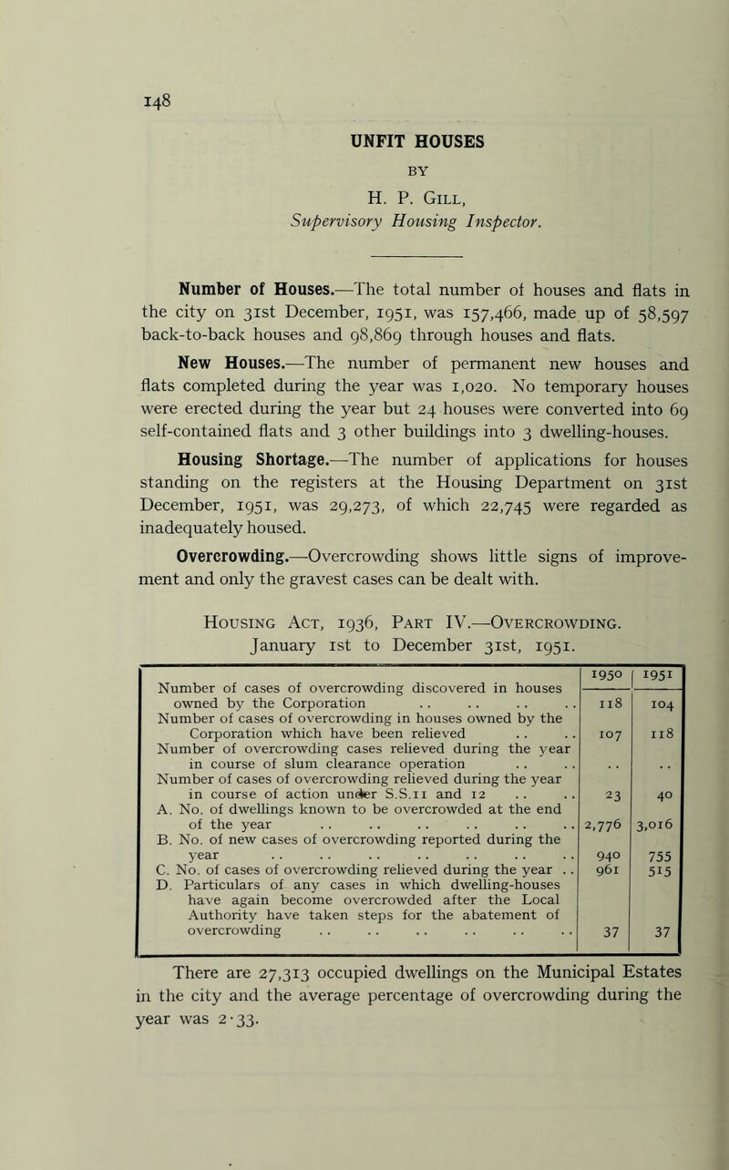 UNFIT HOUSES BY H. P. Gill, Supervisory Housing Inspector. Number of Houses.—The total number ot houses and flats in the city on 31st December, 1951, was 157,466, made up of 58,597 back-to-back houses and 98,869 through houses and flats. New Houses.—The number of permanent new houses and flats completed during the year was 1,020. No temporary houses were erected during the year but 24 houses were converted into 69 self-contained flats and 3 other buildings into 3 dwelling-houses. Housing Shortage.—The number of applications for houses standing on the registers at the Housing Department on 31st December, 1951, was 29,273, of which 22,745 were regarded as inadequately housed. Overcrowding.—Overcrowding shows little signs of improve¬ ment and only the gravest cases can be dealt with. Housing Act, 1936, Part IV.—Overcrowding. January 1st to December 31st, 1951. Number of cases of overcrowding discovered in houses 1950 [ i95i owned by the Corporation Number of cases of overcrowding in houses owned bv the 118 IO4 Corporation which have been relieved Number of overcrowding cases relieved during the year 107 118 in course of slum clearance operation Number of cases of overcrowding relieved during the year in course of action uncier S.S.ii and 12 A. No. of dwellings known to be overcrowded at the end 23 40 of the year B. No. of new cases of overcrowding reported during the 2,776 3,016 year 940 755 C. No. of cases of overcrowding relieved during the year . . D. Particulars of any cases in which dwelling-houses have again become overcrowded after the Local Authority have taken steps for the abatement of 961 5i5 overcrowding 37 37 There are 27,313 occupied dwellings on the Municipal Estates in the city and the average percentage of overcrowding during the year was 2-33.