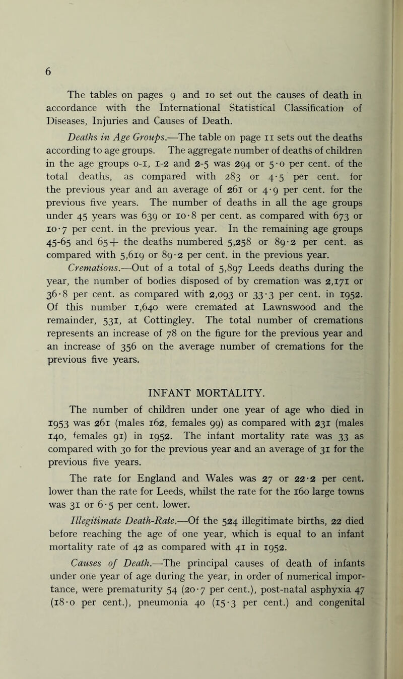 The tables on pages 9 and 10 set out the causes of death in accordance with the International Statistical Classification of Diseases, Injuries and Causes of Death. Deaths in Age Groups.—The table on page 11 sets out the deaths according to age groups. The aggregate number of deaths of children in the age groups 0-1, 1-2 and 2-5 was 294 or 5-0 per cent, of the total deaths, as compared with 283 or 4-5 per cent, for the previous year and an average of 261 or 4-9 per cent, for the previous five years. The number of deaths in all the age groups under 45 years was 639 or 10-8 per cent, as compared with 673 or X0'7 per cent, in the previous year. In the remaining age groups 45-65 and 65+ the deaths numbered 5,258 or 89-2 per cent, as compared with 5,619 or 89-2 per cent, in the previous year. Cremations.—Out of a total of 5,897 Leeds deaths during the year, the number of bodies disposed of by cremation was 2,171 or 36-8 per cent, as compared with 2,093 or 33-3 per cent, in 1952. Of this number 1,640 were cremated at Lawnswood and the remainder, 531, at Cottingley. The total number of cremations represents an increase of 78 on the figure tor the previous year and an increase of 356 on the average number of cremations for the previous five years. INFANT MORTALITY. The number of children under one year of age who died in 1953 was 261 (males 162, females 99) as compared with 231 (males 140, temales 91) in 1952. The infant mortality rate was 33 as compared with 30 for the previous year and an average of 31 for the previous five years. The rate for England and Wales was 27 or 22-2 per cent, lower than the rate for Leeds, whilst the rate for the 160 large towns was 31 or 6-5 per cent, lower. Illegitimate Death-Rate.—Of the 524 illegitimate births, 22 died before reaching the age of one year, which is equal to an infant mortality rate of 42 as compared with 41 in 1952. Causes of Death.—The principal causes of death of infants under one year of age during the year, in order of numerical impor¬ tance, were prematurity 54 (20-7 per cent.), post-natal asphyxia 47 (18-o per cent.), pneumonia 40 (15-3 per cent.) and congenital