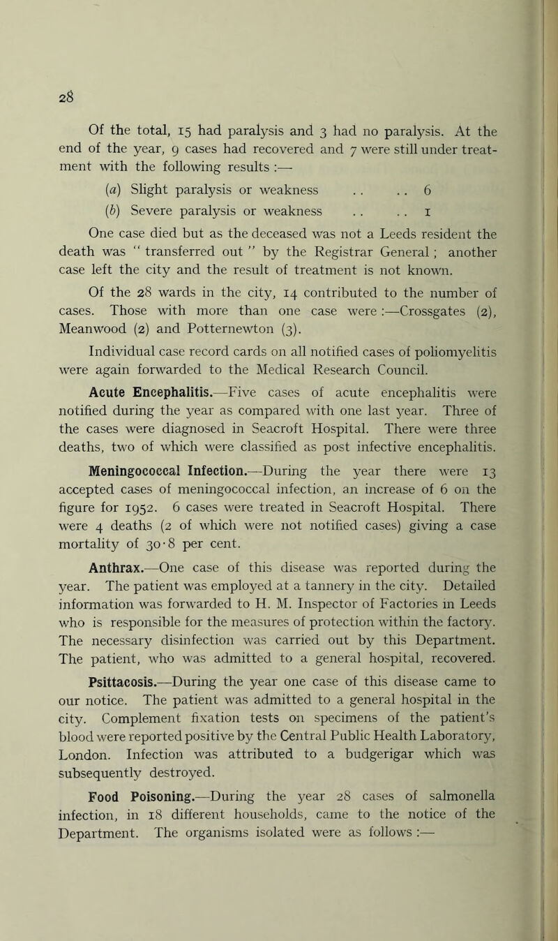 Of the total, 15 had paralysis and 3 had no paralysis. At the end of the year, 9 cases had recovered and 7 were still under treat¬ ment with the following results :—- (a) Slight paralysis or weakness . . . . 6 (b) Severe paralysis or weakness . . .. 1 One case died but as the deceased was not a Leeds resident the death was “ transferred out ” by the Registrar General ; another case left the city and the result of treatment is not known. Of the 28 wards in the city, 14 contributed to the number of cases. Those with more than one case were :—Crossgates (2), Meanwood (2) and Potternewton (3). Individual case record cards on all notified cases of poliomyelitis were again forwarded to the Medical Research Council. Acute Encephalitis.—Five cases of acute encephalitis were notified during the year as compared with one last year. Three of the cases were diagnosed in Seacroft Hospital. There were three deaths, two of which were classified as post infective encephalitis. Meningococcal Infection.—During the year there were 13 accepted cases of meningococcal infection, an increase of 6 on the figure for 1952. 6 cases were treated in Seacroft Hospital. There were 4 deaths (2 of which were not notified cases) giving a case mortality of 30-8 per cent. Anthrax.—One case of this disease was reported during the year. The patient was employed at a tannery in the city. Detailed information was forwarded to H. M. Inspector of Factories in Leeds who is responsible for the measures of protection within the factory. The necessary disinfection was carried out by this Department. The patient, who was admitted to a general hospital, recovered. Psittacosis.—During the year one case of this disease came to our notice. The patient was admitted to a general hospital in the city. Complement fixation tests on specimens of the patient’s blood were reported positive by the Central Public Health Laboratory, London. Infection was attributed to a budgerigar which was subsequently destroyed. Food Poisoning.—During the year 28 cases of salmonella infection, in 18 different households, came to the notice of the Department. The organisms isolated were as follows :—