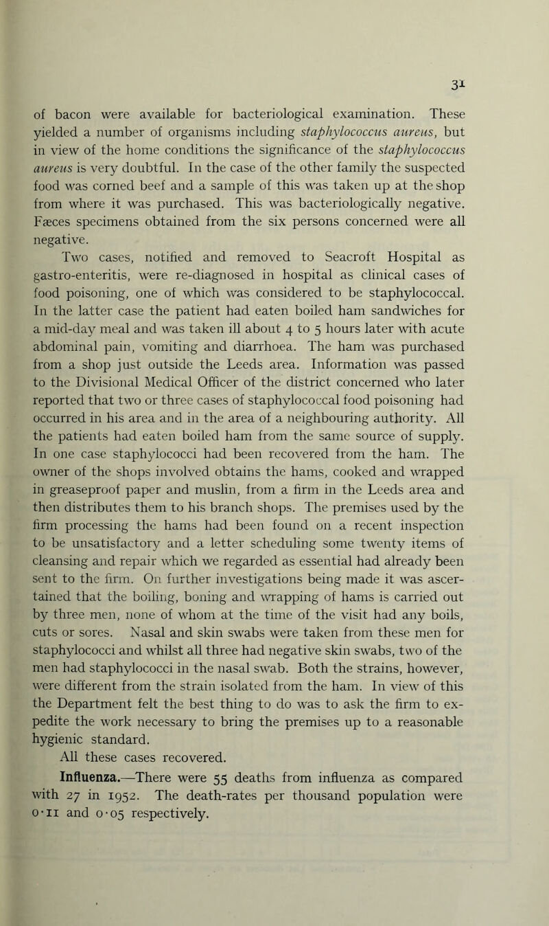 31 of bacon were available for bacteriological examination. These yielded a number of organisms including staphylococcus aureus, but in view of the home conditions the significance of the staphylococcus aureus is very doubtful. In the case of the other family the suspected food was corned beef and a sample of this was taken up at the shop from where it was purchased. This was bacteriologically negative. Faeces specimens obtained from the six persons concerned were all negative. Two cases, notified and removed to Seacroft Hospital as gastro-enteritis, were re-diagnosed in hospital as clinical cases of food poisoning, one of which was considered to be staphylococcal. In the latter case the patient had eaten boiled ham sandwiches for a mid-day meal and was taken ill about 4 to 5 hours later with acute abdominal pain, vomiting and diarrhoea. The ham was purchased from a shop just outside the Leeds area. Information was passed to the Divisional Medical Officer of the district concerned who later reported that two or three cases of staphylococcal food poisoning had occurred in his area and in the area of a neighbouring authority. All the patients had eaten boiled ham from the same source of supply. In one case staphylococci had been recovered from the ham. The owner of the shops involved obtains the hams, cooked and wrapped in greaseproof paper and muslin, from a firm in the Leeds area and then distributes them to his branch shops. The premises used by the firm processing the hams had been found on a recent inspection to be unsatisfactory and a letter scheduling some twenty items of cleansing and repair which we regarded as essential had already been sent to the firm. On further investigations being made it was ascer¬ tained that the boiling, boning and wrapping of hams is carried out by three men, none of whom at the time of the visit had any boils, cuts or sores. Nasal and skin swabs were taken from these men for staphylococci and whilst all three had negative skin swabs, two of the men had staphylococci in the nasal swab. Both the strains, however, were different from the strain isolated from the ham. In view of this the Department felt the best thing to do was to ask the firm to ex¬ pedite the work necessary to bring the premises up to a reasonable hygienic standard. All these cases recovered. Influenza.—There were 55 deaths from influenza as compared with 27 in 1952. The death-rates per thousand population were
