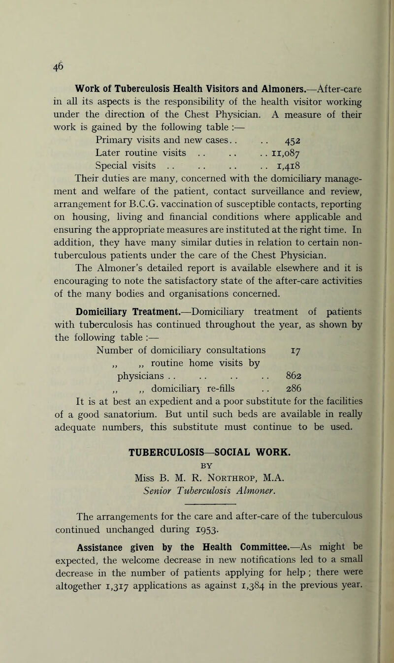 Work of Tuberculosis Health Visitors and Almoners.—After-care in all its aspects is the responsibility of the health visitor working under the direction of the Chest Physician. A measure of their work is gained by the following table :— Primary visits and new cases. . . . 452 Later routine visits .. .. . . 11,087 Special visits .. .. .. .. 1,418 Their duties are many, concerned with the domiciliary manage¬ ment and welfare of the patient, contact surveillance and review, arrangement for B.C.G. vaccination of susceptible contacts, reporting on housing, living and financial conditions where applicable and ensuring the appropriate measures are instituted at the right time. In addition, they have many similar duties in relation to certain noil- tuberculous patients under the care of the Chest Physician. The Almoner’s detailed report is available elsewhere and it is encouraging to note the satisfactory state of the after-care activities of the many bodies and organisations concerned. Domiciliary Treatment.—Domiciliary treatment of patients with tuberculosis has continued throughout the year, as shown by the following table :— Number of domiciliary consultations 17 ,, ,, routine home visits by physicians .. . . . . . . 862 ,, ,, domiciliary re-fills . . 286 It is at best an expedient and a poor substitute for the facilities of a good sanatorium. But until such beds are available in really adequate numbers, this substitute must continue to be used. TUBERCULOSIS—SOCIAL WORK. BY Miss B. M. R. Northrop, M.A. Senior Tuberculosis Almoner. The arrangements for the care and after-care of the tuberculous continued unchanged during 1953. Assistance given by the Health Committee.—As might be expected, the welcome decrease in new notifications led to a small decrease in the number of patients applying for help ; there were altogether 1,317 applications as against 1,384 in the previous year.