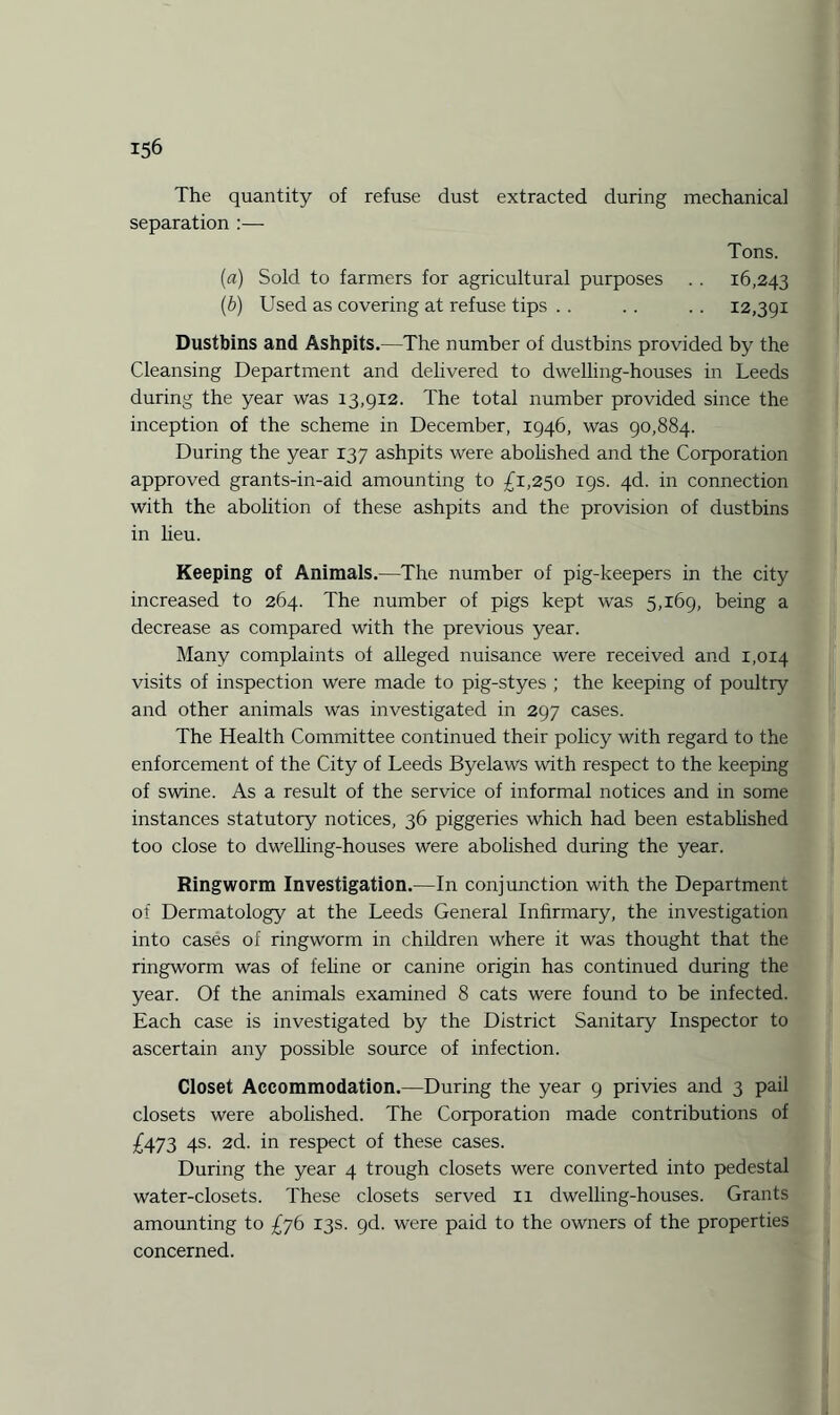 The quantity of refuse dust extracted during mechanical separation :— Tons. (a) Sold to farmers for agricultural purposes . . 16,243 (b) Used as covering at refuse tips . . .. .. 12,391 Dustbins and Ashpits.—The number of dustbins provided by the Cleansing Department and delivered to dwelling-houses in Leeds during the year was 13,912. The total number provided since the inception of the scheme in December, 1946, was 90,884. During the year 137 ashpits were abolished and the Corporation approved grants-in-aid amounting to £1,250 19s. 4d. in connection with the abolition of these ashpits and the provision of dustbins in lieu. Keeping of Animals.—The number of pig-keepers in the city increased to 264. The number of pigs kept was 5,169, being a decrease as compared with the previous year. Many complaints of alleged nuisance were received and 1,014 visits of inspection were made to pig-styes ; the keeping of poultry and other animals was investigated in 297 cases. The Health Committee continued their policy with regard to the enforcement of the City of Leeds Byelaws with respect to the keeping of swine. As a result of the service of informal notices and in some instances statutory notices, 36 piggeries which had been established too close to dwelling-houses were abolished during the year. Ringworm Investigation.—In conjunction with the Department of Dermatology at the Leeds General Infirmary, the investigation into cases of ringworm in children where it was thought that the ringworm was of feline or canine origin has continued during the year. Of the animals examined 8 cats were found to be infected. Each case is investigated by the District Sanitary Inspector to ascertain any possible source of infection. Closet Accommodation.—During the year 9 privies and 3 pail closets were abolished. The Corporation made contributions of £473 4s. 2d. in respect of these cases. During the year 4 trough closets were converted into pedestal water-closets. These closets served xi dwelling-houses. Grants amounting to £76 13s. 9d. were paid to the owners of the properties concerned. .