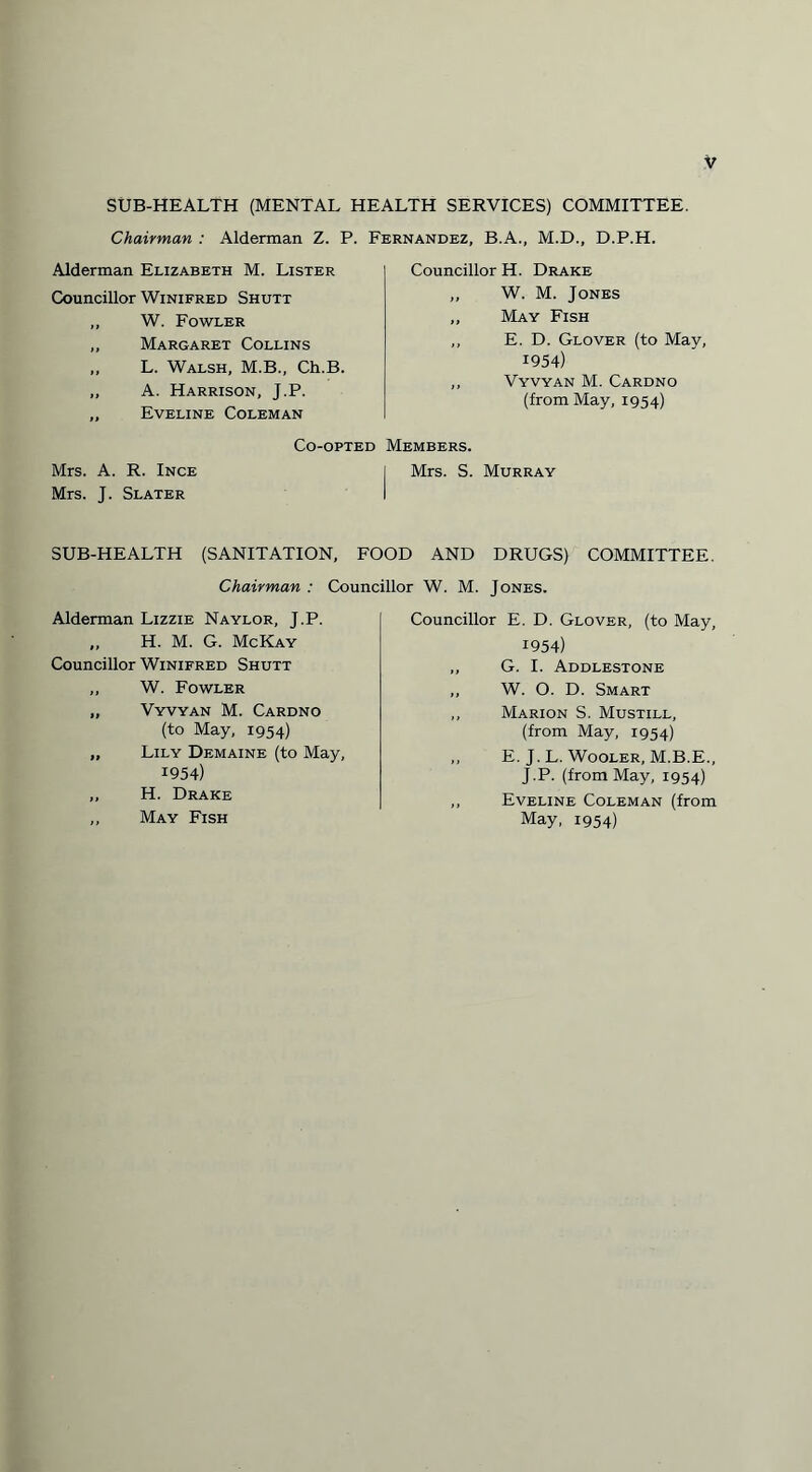 SUB-HEALTH (MENTAL HEALTH SERVICES) COMMITTEE. Chairman : Alderman Z. P Alderman Elizabeth M. Lister Councillor Winifred Shutt „ W. Fowler „ Margaret Collins „ L. Walsh, M.B., Ch.B. „ A. Harrison, J.P. ,, Eveline Coleman Co-opted Mrs. A. R. Ince Mrs. J. Slater Fernandez, B.A., M.D., D.P.H. Councillor H. Drake ,, W. M. Jones „ May Fish ,, E. D. Glover (to May, 1954) ,, Vyvyan M. Cardno (from May, 1954) Members. I Mrs. S. Murray SUB-HEALTH (SANITATION, FOOD AND DRUGS) COMMITTEE. Chairman : Councillor W. M. Jones. Alderman Lizzie Naylor, J.P. „ H. M. G. McKay Councillor Winifred Shutt „ W. Fowler „ Vyvyan M. Cardno (to May, 1954) „ Lily Demaine (to May, 1954) „ H. Drake „ May Fish Councillor E. D. Glover, (to May, 1954) ,, G. I. Addlestone „ W. O. D. Smart ,, Marion S. Mustill, (from May, 1954) ,, E. J. L. Wooler, M.B.E., J.P. (from May, 1954) ,, Eveline Coleman (from May, 1954)