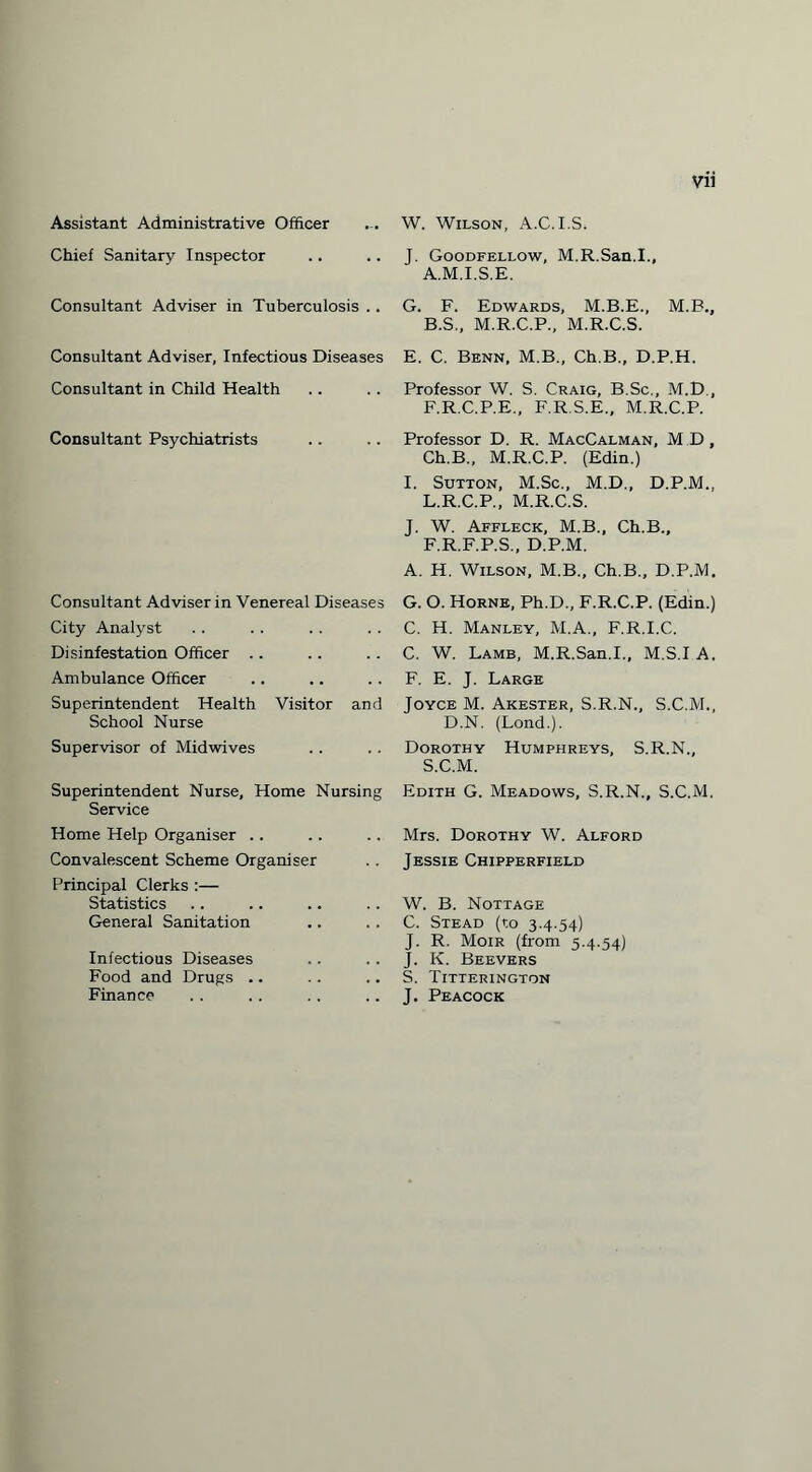 Assistant Administrative Officer Chief Sanitary Inspector Consultant Adviser in Tuberculosis . . Consultant Adviser, Infectious Diseases Consultant in Child Health Consultant Psychiatrists Consultant Adviser in Venereal Diseases City Analyst Disinfestation Officer Ambulance Officer Superintendent Health Visitor and School Nurse Supervisor of Midwives Superintendent Nurse, Home Nursing Service Home Help Organiser Convalescent Scheme Organiser Principal Clerks :— Statistics General Sanitation Infectious Diseases Food and Drugs .. Finance W. Wilson, A.C.I.S. J. Goodfellow, M.R.San.I., A. M.I.S.E. G. F. Edwards, M.B.E., M.B., B. S., M.R.C.P., M.R.C.S. E. C. Benn, M.B., Ch.B., D.P.H. Professor W. S. Craig, B.Sc., M.D., F.R.C.P.E., F.R.S.E., M.R.C.P. Professor D. R. MacCalman, MD, Ch.B., M.R.C.P. (Edin.) I. Sutton, M.Sc., M.D., D.P.M., L.R.C.P., M.R.C.S. J. W. Affleck, M.B., Ch.B., F.R.F.P.S., D.P.M. A. H. Wilson, M.B., Ch.B., D.P.M. G. O. Horne, Ph.D., F.R.C.P. (Edin.) C. H. Manley, M.A., F.R.I.C. C. W. Lamb, M.R.San.I., M.S.I A. F. E. J. Large Joyce M. Akester, S.R.N., S.C.M., D.N. (Lond.). Dorothy Humphreys, S.R.N., S.C.M. Edith G. Meadows, S.R.N., S.C.M. Mrs. Dorothy W. Alford Jessie Chipperfield W. B. Nottage C. Stead (to 3-4-54) J. R. Moir (from 5.4.54) J. K. Beevers S. Titterington J. Peacock
