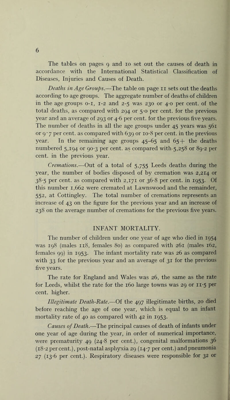 The tables on pages 9 and 10 set out the causes of death in accordance with the International Statistical Classification of Diseases, Injuries and Causes of Death. Deaths in Age Groups.—The table on page 11 sets out the deaths according to age groups. The aggregate number of deaths of children in the age groups 0-1, 1-2 and 2-5 was 230 or 4-0 per cent, of the total deaths, as compared with 294 or 5-0 per cent, for the previous year and an average of 293 or 4-6 per cent, for the previous five years. The number of deaths in all the age groups under 45 years was 561 or 9 ■ 7 per cent, as compared with 639 or 10-8 per cent, in the previous year. In the remaining age groups 45-65 and 65+ the deaths numbered 5,194 or 90-3 per cent, as compared with 5,258 or 89-2 per cent, in the previous year. Cremations.-—Out of a total of 5,755 Leeds deaths during the year, the number of bodies disposed of by cremation was 2,214 or 38-5 per cent, as compared with 2,171 or 36-8 per cent, in 1953. Of this number 1,662 were cremated at Lawnswood and the remainder, 552, at Cottingley. The total number of cremations represents an increase of 43 on the figure for the previous year and an increase of 238 on the average number of cremations for the previous five years. INFANT MORTALITY. The number of children under one year of age who died in 1954 was 198 (males n8, females 80) as compared with 261 (males 162, females 99) in 1953. The infant mortality rate was 26 as compared with 33 for the previous year and an average of 31 for the previous five years. The rate for England and Wales was 26, the same as the rate for Leeds, whilst the rate for the 160 large towns was 29 or 11-5 per cent, higher. Illegitimate Death-Rate.—Of the 497 illegitimate births, 20 died before reaching the age of one year, which is equal to an infant mortality rate of 40 as compared with 42 in 1953. Causes of Death.—The principal causes of death of infants under one year of age during the year, in order of numerical importance, were prematurity 49 (24-8 per cent.), congenital malformations 36 (18-2 percent.), post-natal asphyxia 29 (147 per cent.) and pneumonia 27 (13-6 per cent.). Respiratory diseases were responsible for 32 or