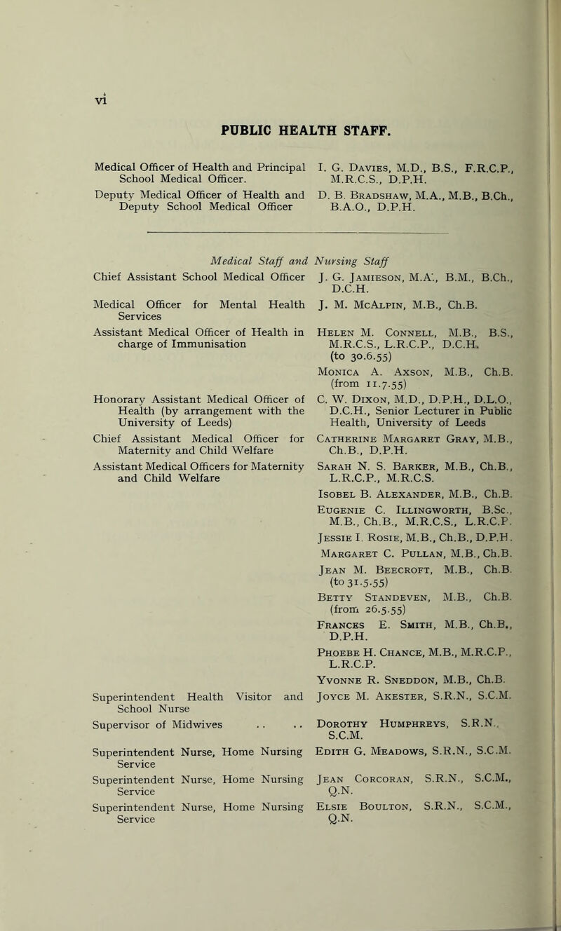 PUBLIC HEALTH STAFF. Medical Officer of Health and Principal School Medical Officer. Deputy Medical Officer of Health and Deputy School Medical Officer I. G. Davies, M.D., B.S., F.R.C.P., M.R.C.S., D.P.H. D. B Bradshaw, M.A., M.B., B.Ch., B.A.O., D.P.H. Medical Staff and Nursing Staff Chief Assistant School Medical Officer J. G. Jamieson, M.A., B.M., B.Ch., D.C.H. Medical Officer for Mental Health Services Assistant Medical Officer of Health in charge of Immunisation Honorary Assistant Medical Officer of Health (by arrangement with the University of Leeds) Chief Assistant Medical Officer for Maternity and Child Welfare Assistant Medical Officers for Maternity and Child Welfare Superintendent Health Visitor and School Nurse Supervisor of Midwives Superintendent Nurse, Home Nursing Service Superintendent Nurse, Home Nursing Service Superintendent Nurse, Home Nursing Service J. M. McAlpin, M.B., Ch.B. Helen M. Connell, M.B., B.S., M.R.C.S., L.R.C.P., D.C.H. (to 30.6.55) Monica A. Axson, M.B., Ch.B. (from n.7.55) C. W. Dixon, M.D., D.P.H., D.L.O., D.C.H., Senior Lecturer in Public Health, University of Leeds Catherine Margaret Gray, M.B., Ch.B., D.P.H. Sarah N. S. Barker, M.B., Ch.B., L. R.C.P., M.R.C.S. Isobel B. Alexander, M.B., Ch.B. Eugenie C. Illingworth, B.Sc., M. B., Ch.B., M.R.C.S., L.R.C.P. Jessie I. Rosie, M.B., Ch.B., D.P.H. Margaret C. Pullan, M.B.,Ch.B. Jean M. Beecroft, M.B., Ch.B. (to 31.5.55) Betty Standeven, M.B., Ch.B. (from 26.5.55) Frances E. Smith, M.B., Ch.B., D.P.H. Phoebe H. Chance, M.B., M.R.C.P., L.R.C.P. Yvonne R. Sneddon, M.B., Ch.B. Joyce M. Akester, S.R.N., S.C.M. Dorothy Humphreys, S.R.N., S.C.M. Edith G. Meadows, S.R.N., S.C.M. Jean Corcoran, S.R.N., S.C.M., Q.N. Elsie Boulton, S.R.N., S.C.M., Q.N.