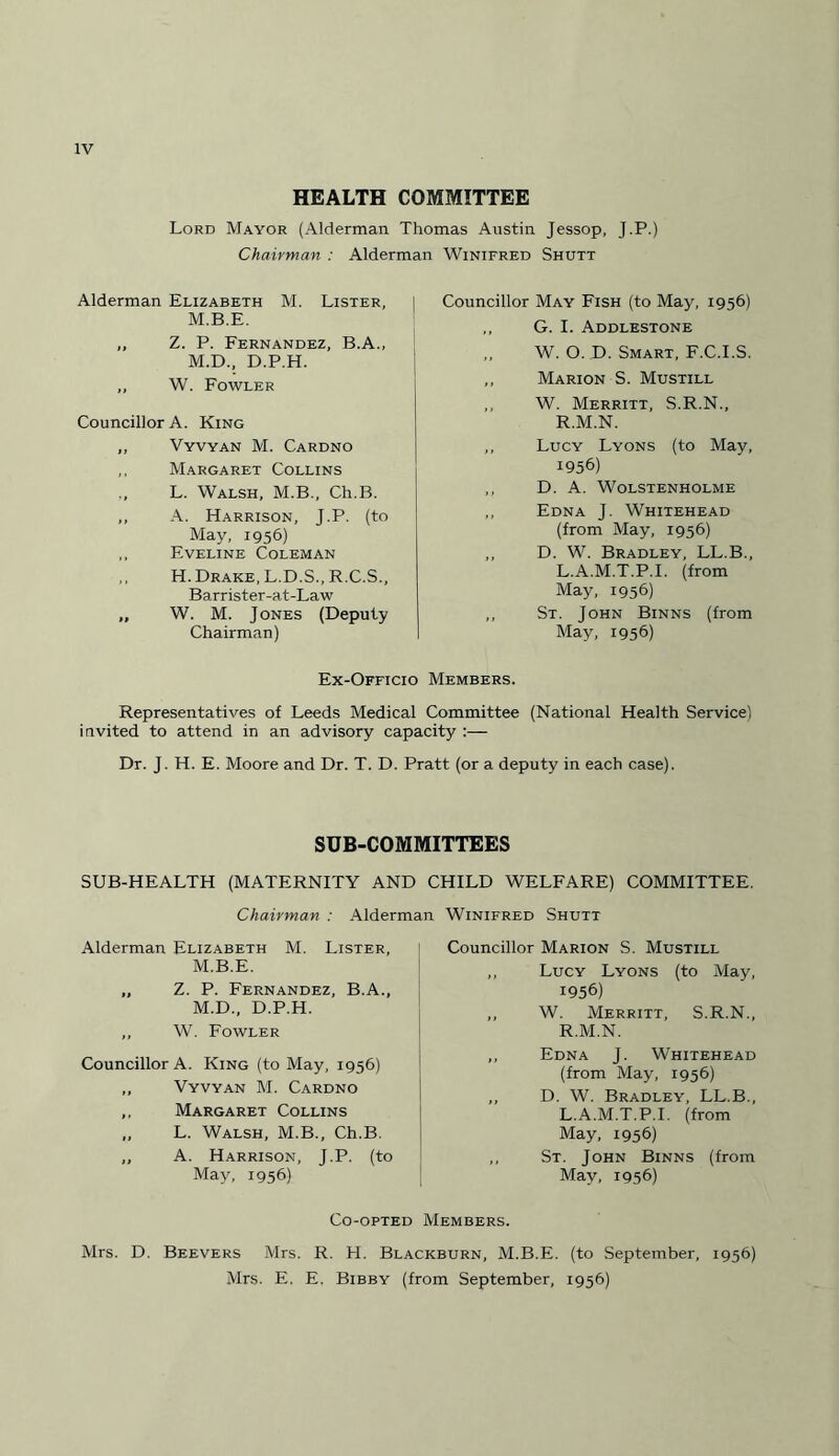 HEALTH COMMITTEE Lord Mayor (Alderman Thomas Austin Jessop, J.P.) Chairman : Alderman Winifred Shutt Alderman Elizabeth M. Lister, i M.B.E. „ Z. P. Fernandez, B.A., M.D., D.P.H. „ W. Fowler Councillor A. King ,, Vyvyan M. Cardno ,, Margaret Collins L. Walsh, M.B., Ch.B. ,, A. Harrison, J.P. (to May, 1956) ,, Eveline Coleman H. Drake, L.D.S., R.C.S., Barrister-at-Law „ W. M. Jones (Deputy Chairman) Councillor May Fish (to May, 1956) ,, G. I. Addlestone „ W. O. D. Smart, F.C.I.S. ,, Marion S. Mustill ,, W. Merritt, S.R.N., R.M.N. ,, Lucy Lyons (to May, 1956) ,, D. A. WOLSTENHOLME ,, Edna J. Whitehead (from May, 1956) ,, D. W. Bradley, LL.B., L.A.M.T.P.I. (from May, 1956) ,, St. John Binns (from May, 1956) Ex-Officio Members. Representatives of Leeds Medical Committee (National Health Service) invited to attend in an advisory capacity :— Dr. J. H. E. Moore and Dr. T. D. Pratt (or a deputy in each case). SUB-COMMITTEES SUB-HEALTH (MATERNITY AND CHILD WELFARE) COMMITTEE. Chairman : Alderman Winifred Shutt Alderman Elizabeth M. Lister, M.B.E. „ Z. P. Fernandez, B.A., M.D., D.P.H. ,, W. Fowler Councillor A. King (to May, 1956) „ Vyvyan M. Cardno ,, Margaret Collins „ L. Walsh, M.B., Ch.B. „ A. Harrison, J.P. (to May, 1956) Councillor Marion S. Mustill „ Lucy Lyons (to May, 1956) ,, W. Merritt, S.R.N., R.M.N. ,, Edna J. Whitehead (from May, 1956) ,, D. W. Bradley, LL.B., L.A.M.T.P.I. (from May, 1956) ,, St. John Binns (from May, 1956) Co-opted Members. Beevers Mrs. R. H. Blackburn, M.B.E. (to September, 1956) Mrs. E. E. Bibby (from September, 1956) Mrs. D.