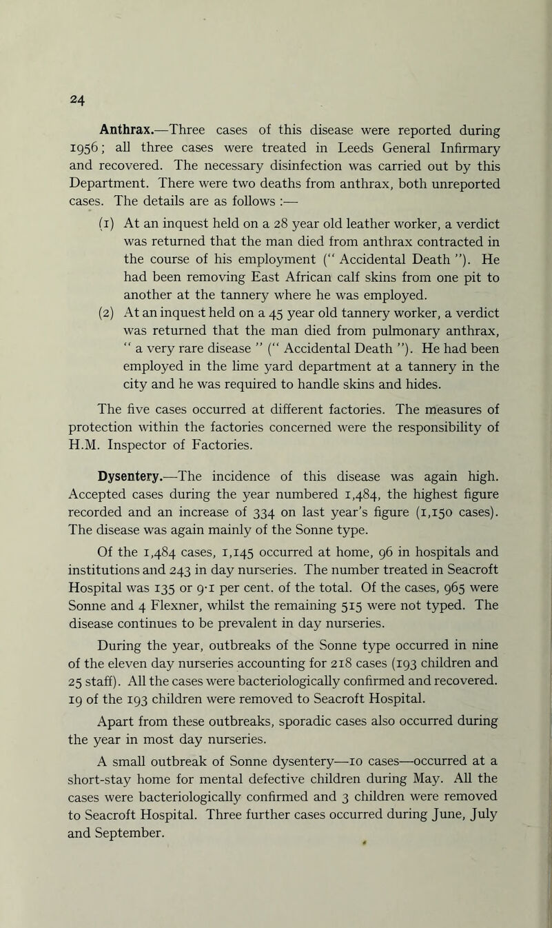 Anthrax.—Three cases of this disease were reported during 1956; all three cases were treated in Leeds General Infirmary and recovered. The necessary disinfection was carried out by this Department. There were two deaths from anthrax, both unreported cases. The details are as follows :— (1) At an inquest held on a 28 year old leather worker, a verdict was returned that the man died from anthrax contracted in the course of his employment (“ Accidental Death ”). He had been removing East African calf skins from one pit to another at the tannery where he was employed. (2) At an inquest held on a 45 year old tannery worker, a verdict was returned that the man died from pulmonary anthrax, “ a very rare disease ” (“ Accidental Death ”). He had been employed in the lime yard department at a tannery in the city and he was required to handle skins and hides. The five cases occurred at different factories. The measures of protection within the factories concerned were the responsibility of H.M. Inspector of Factories. Dysentery.-—The incidence of this disease was again high. Accepted cases during the year numbered 1,484, the highest figure recorded and an increase of 334 on last year’s figure (1,150 cases). The disease was again mainly of the Sonne type. Of the 1,484 cases, 1,145 occurred at home, 96 in hospitals and institutions and 243 in day nurseries. The number treated in Seacroft Hospital was 135 or 9-1 per cent, of the total. Of the cases, 965 were Sonne and 4 Flexner, whilst the remaining 515 were not typed. The disease continues to be prevalent in day nurseries. During the year, outbreaks of the Sonne type occurred in nine of the eleven day nurseries accounting for 218 cases (193 children and 25 staff). All the cases were bacteriologically confirmed and recovered. 19 of the 193 children were removed to Seacroft Hospital. Apart from these outbreaks, sporadic cases also occurred during the year in most day nurseries. A small outbreak of Sonne dysentery—10 cases—occurred at a short-stay home for mental defective children during May. All the cases were bacteriologically confirmed and 3 children were removed to Seacroft Hospital. Three further cases occurred during June, July and September.