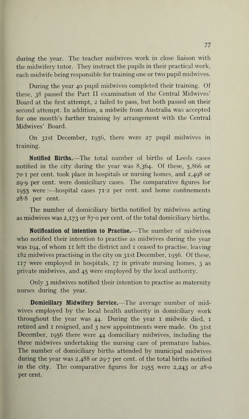 during the year. The teacher midwives work in close liaison with the midwifery tutor. They instruct the pupils in their practical work, each midwife being responsible for training one or two pupil midwives. During the year 40 pupil midwives completed their training. Of these, 38 passed the Part II examination of the Central Midwives’ Board at the first attempt, 2 failed to pass, but both passed on their second attempt. In addition, a midwife from Australia was accepted for one month’s further training by arrangement with the Central Midwives’ Board. On 31st December, 1956, there were 27 pupil midwives in training. Notified Births.—The total number of births of Leeds cases notified in the city during the year was 8,364. Of these, 5,866 or 70-1 per cent, took place in hospitals or nursing homes, and 2,498 or 29-9 per cent, were domiciliary cases. The comparative figures for 1955 were :—hospital cases 71-2 per cent, and home confinements 28-8 per cent. The number of domiciliary births notified by midwives acting as midwives was 2,173 or 87-0 per cent, of the total domiciliary births. Notification of intention to Practise.—The number of midwives who notified their intention to practise as midwives during the year was 194, of whom 11 left the district and 1 ceased to practise, leaving 182 midwives practising in the city on 31st December, 1956. Of these, 117 were employed in hospitals, 17 in private nursing homes, 3 as private midwives, and 45 were employed by the local authority. Only 3 midwives notified their intention to practise as maternity nurses during the year. Domiciliary Midwifery Service.—The average number of mid¬ wives employed by the local health authority in domiciliary work throughout the year was 44. During the year 1 midwife died, 1 retired and 1 resigned, and 3 new appointments were made. On 31st December, 1956 there were 44 domiciliary midwives, including the three midwives undertaking the nursing care of premature babies. The number of domiciliary births attended by municipal midwives during the year was 2,488 or 297 per cent, of the total births notified in the city. The comparative figures for 1955 were 2,243 or 28-0 per cent.