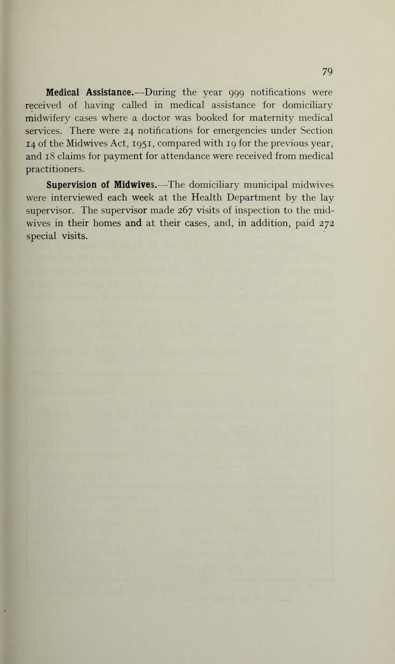 Medical Assistance.—During the year 999 notifications were received of having called in medical assistance for domiciliary midwifery cases where a doctor was booked for maternity medical services. There were 24 notifications for emergencies under Section 14 of the Midwives Act, 1951, compared with 19 for the previous year, and 18 claims for payment for attendance were received from medical practitioners. Supervision of Midwives.—The domiciliary municipal midwives were interviewed each week at the Health Department by the lay supervisor. The supervisor made 267 visits of inspection to the mid¬ wives in their homes and at their cases, and, in addition, paid 272 special visits.