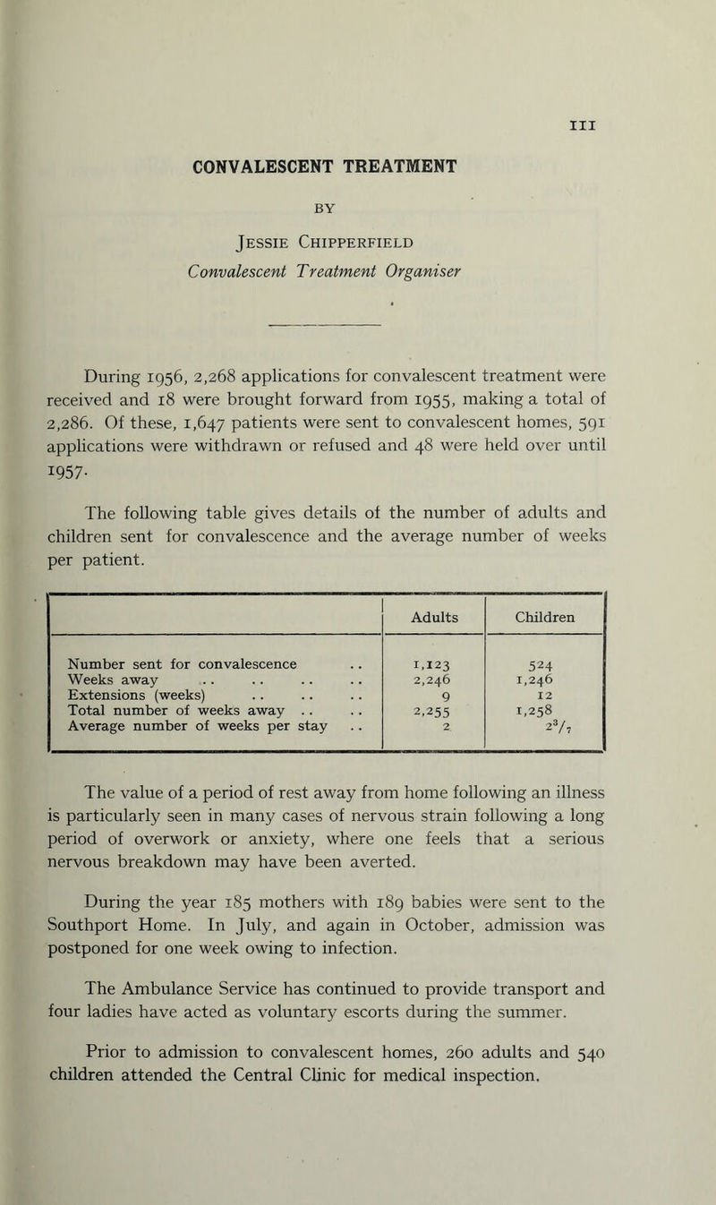 CONVALESCENT TREATMENT BY Jessie Chipperfield Convalescent Treatment Organiser During 1956, 2,268 applications for convalescent treatment were received and 18 were brought forward from 1955, making a total of 2,286. Of these, 1,647 patients were sent to convalescent homes, 591 applications were withdrawn or refused and 48 were held over until 1957- The following table gives details of the number of adults and children sent for convalescence and the average number of weeks per patient. Adults Children Number sent for convalescence 1.123 524 Weeks away 2,246 1,246 Extensions (weeks) 9 12 Total number of weeks away .. 2,255 1,258 Average number of weeks per stay 2. 27, The value of a period of rest away from home following an illness is particularly seen in many cases of nervous strain following a long period of overwork or anxiety, where one feels that a serious nervous breakdown may have been averted. During the year 185 mothers with 189 babies were sent to the Southport Home. In July, and again in October, admission was postponed for one week owing to infection. The Ambulance Service has continued to provide transport and four ladies have acted as voluntary escorts during the summer. Prior to admission to convalescent homes, 260 adults and 540 children attended the Central Clinic for medical inspection.