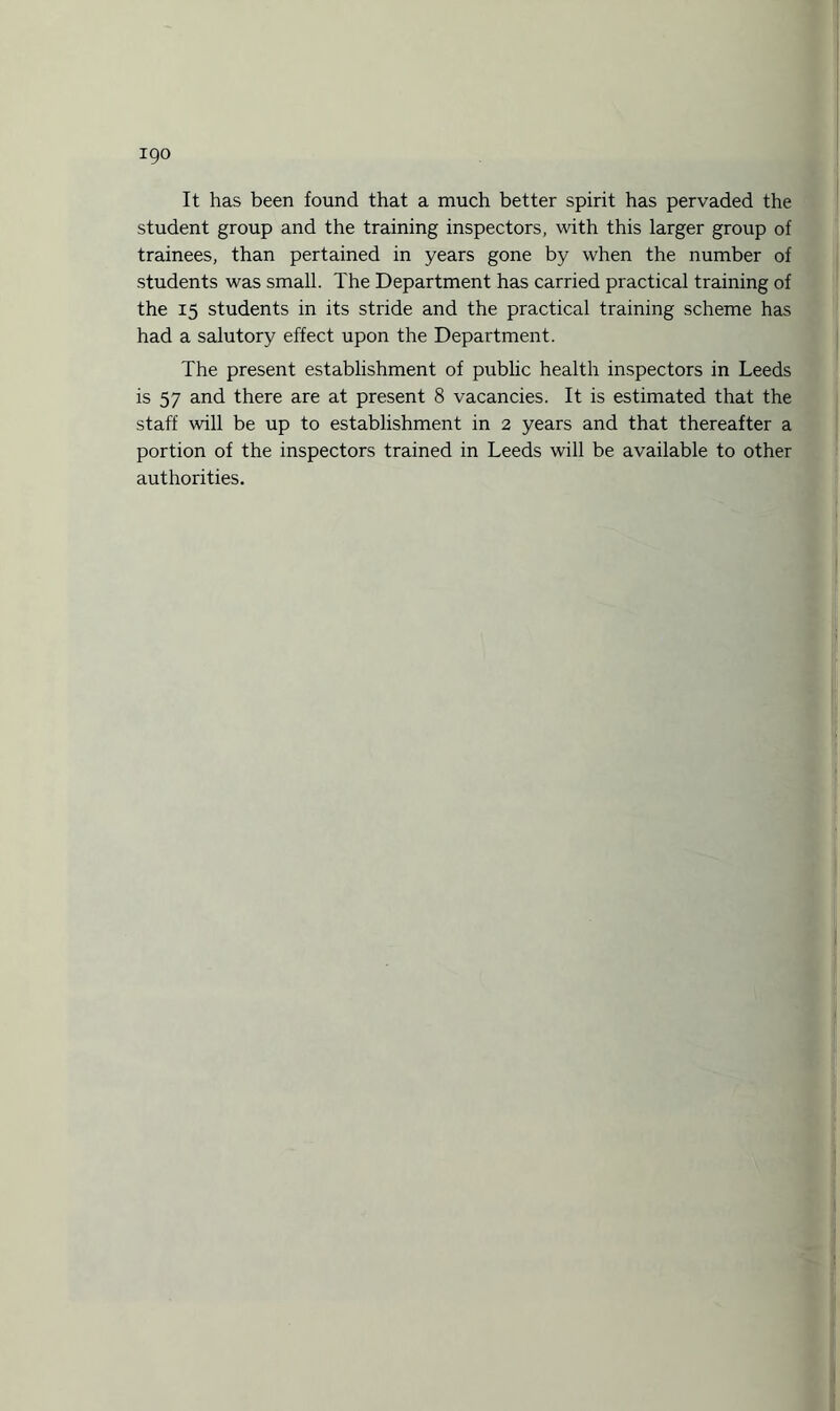 It has been found that a much better spirit has pervaded the student group and the training inspectors, with this larger group of trainees, than pertained in years gone by when the number of students was small. The Department has carried practical training of the 15 students in its stride and the practical training scheme has had a salutory effect upon the Department. The present establishment of public health inspectors in Leeds is 57 and there are at present 8 vacancies. It is estimated that the staff will be up to establishment in 2 years and that thereafter a portion of the inspectors trained in Leeds will be available to other authorities.