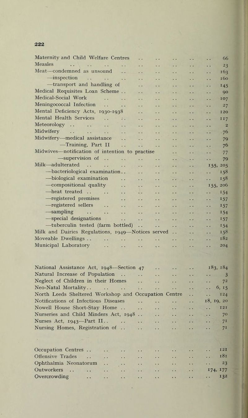 Maternity and Child Welfare Centres . . . . . . .. .. 66 Measles . . . . . . . . . . . . . . . . . . 23 Meat—condemned as unsound . . . . . . . . . . . . 163 —inspection . . . . . . . . . . .. .. .. 160 —transport and handling of . . . . . . . . . . 145 Medical Requisites Loan Scheme . . . . . . . . . . . . 90 Medical-Social Work . . . . . . . . . . . . .. 107 Meningococcal Infection . . .. . . .. . . . . . . 27 Mental Deficiency Acts, 1930-1938 .. .. .. .. .. 120 Mental Health Services . . . . . . . . . . .. .. 117 Meteorology . . . . .. . . . . . . . . . . .. 2 Midwifery . . . . . . . . . . . . . . . . . . 76 Midwifery—medical assistance . . . . . . . . . . . . 79 —Training, Part II . . .. . . . . . . . . 76 Mid wives—notification of intention to practise . . . . . . 77 —supervision of . . . . . . . . . . . . 79 Milk—adulterated . . . . . . . . . . . . .. 155, 205 —bacteriological examination.. .. .. .. .. .. 158 —biological examination .. .. .. .. .. .. 158 —compositional quality . . . . . . . . . . 155, 206 —heat treated .. .. . . . . . . .. .. . . 154 —registered premises .. . . .. .. . . . . 157 —registered sellers .. .. .. .. .. .. .. 157 —sampling .. .. .. .. .. . . .. .. 154 —special designations .. .. .. .. .. .. 157 —tuberculin tested (farm bottled) . . . . . . .. .. 154 Milk and Dairies Regulations, 1949—Notices served . . . . . . 158 Moveable Dwellings . . . . . . . . . . .. . . . . 182 Municipal Laboratory . . . . .. , . . . .. .. 204 National Assistance Act, 1948—Section 47 .. .. .. 183, 184 Natural Increase of Population . . . . . . . . . . . . 3 Neglect of Children in their Homes . . . . .. .. .. 72 Neo-Natal Mortality. . . . . . . . . . . . . . 6, 15 North Leeds Sheltered Workshop and Occupation Centre . . . . 124 Notifications of Infectious Diseases .. . . . . . . 18, 19, 20 Nowell House Short-Stay Home .. .. .. .. .. .. 121 Nurseries and Child Minders Act, 1948 . . .. . . . . . . 70 Nurses Act, 1943—Part II.. .. .. .. .. .. .. 71 Nursing Homes, Registration of . . .. . . . . . . . . 71 Occupation Centres .. .. .. .. .. .. .. .. 121 Offensive Trades .. .. .. .. . . . . . . ■ ■ 181 Ophthalmia Neonatorum . . . . .. . . . . . . . . 23 Outworkers .. .. . . . . .. . . . . . . 174. 177 Overcrowding .. . . . . . . .. .. . . . . 132