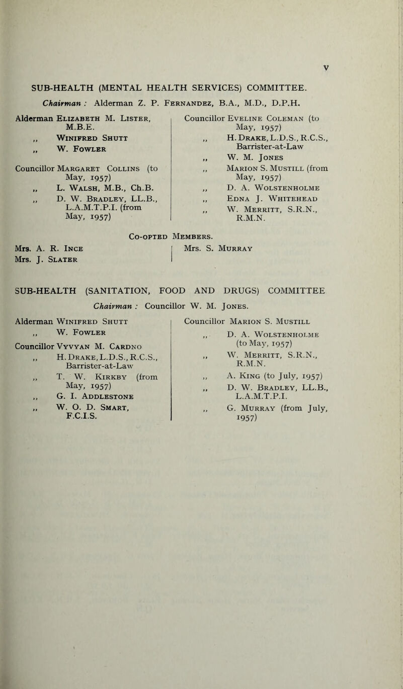 SUB-HEALTH (MENTAL HEALTH SERVICES) COMMITTEE. Chairman : Alderman Z. P. Fernandez, B.A., M.D., D.P.H. V Alderman Elizabeth M. Lister, M.B.E. ,, Winifred Shutt „ W. Fowler Councillor Margaret Collins (to May, 1957) „ L. Walsh, M.B., Ch.B. „ D. W. Bradley, LL.B., L.A.M.T.P.I. (from May, 1957) Councillor Eveline Coleman (to May, 1957) „ H. Drake, L.D.S., R.C.S., Barrister-at-Law ,, W. M. Jones ,, Marion S. Mustill (from May, 1957) ,, D. A. WOLSTENHOLME ,, Edna J. Whitehead ,, W. Merritt, S.R.N., R.M.N. Co-opted Members. Mrs. A. R. Ince I Mrs. S. Murray Mrs. J. Slater SUB-HEALTH (SANITATION, FOOD AND DRUGS) COMMITTEE Chairman : Councillor W. M. Jones. Alderman Winifred Shutt ,, W. Fowler Councillor Vyvyan M. Cardno ,, H.Drake, L.D.S., R.C.S., Barrister-at-Law ,, T. W. Kirkby (from May, 1957) ,, G. I. Addlestone „ W. O. D. Smart, F.C.I.S. Councillor Marion S. Mustill ,, D. A. Wolstenholme (to May, 1957) ,, W. Merritt, S.R.N., R.M.N. ,, A. King (to July, 1957) ,, D. W. Bradley, LL.B., L.A.M.T.P.I. ,, G. Murray (from July, 1957)