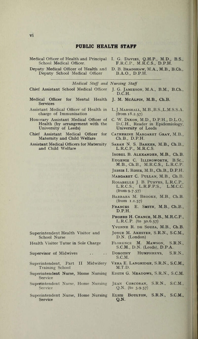 PUBLIC HEALTH STAFF Medical Officer of Health and Principal School Medical Officer. Deputy Medical Officer of Health and Deputy School Medical Officer I. G. Davies, Q.H.P., M.D., B.S., F.R.C.P., M.R.C.S., D.P.H. D. B. Bradshaw, M.A., M.B., B.Ch., B.A.O., D.P.H. Medical Staff and Nursing Staff Chief Assistant School Medical Officer Medical Officer for Mental Health Services Assistant Medical Officer of Health in charge of Immunisation Honorary Assistant Medical Officer of Health (by arrangement with the University of Leeds) Chief Assistant Medical Officer for Maternity and Child Welfare Assistant Medical Officers for Maternity and Child Welfare Superintendent Health Visitor and School Nurse Health Visitor Tutor in Sole Charge Supervisor of Midwives Superintendent, Part II Midwifery Training School Superintendent Nurse, Home Nursing Service Superintendent Nurse, Home Nursing Service Superintendent Nurse, Home Nursing Service J. G. Jamieson, M.A., B.M., B.Ch., D.C.H. J. M. McAlpin, M.B., Ch.B. L.J.Marshall, M.B.,B.S.,L.M.S.S.A. (from 18.2.57) C. W. Dixon, M.D., D.P.H., D.L.O., D.C.H., Reader in Epidemiology, University of Leeds Catherine Margaret Gray, M.B., Ch.B., D.P.H. Sarah N. S. Barker, M.B., Ch.B., L. R.C.P., M.R.C.S. Isobel B. Alexander, M.B., Ch.B. Eugenie C. Illingworth, B.Sc., M. B., Ch.B., M.R.C.S., L.R.C.P. Jessie I. Rosie, M.B., Ch.B., D.P.H. Margaret C. Pullan, M.B., Ch.B. Rosabelle J. B. Purves, L.R.C.P., L.R.C.S., L.R.F.P.S., L.M.C.C. (from 9.7.57) Barbara M. Brooke, M.B., Ch.B. (from 1.1.57) Frances E. Smith, M.B., Ch.B., D.P.H. Phoebe H. Chance, M.B., M.R.C.P., L. R.C.P. (to 30.6.57) Yvonne R. de Souza, M.B., Ch.B. Joyce M. Akester, S.R.N., S.C.M., D.N. (London) Florence M. Mawson, S.R.N., S.C.M., D.N. (Leeds), D.P.A. Dorothy Humphreys, S.R.N., S.C.M. Vera E. Langridge, S.R.N., S.C.M., M. T.D. Edith G. Meadows, S.R.N., S.C.M. Jean Corcoran, S.R.N., S.C.M., Q N. (to 5.9.57) Elsie Boulton, S.R.N., S.C.M., Q.N.